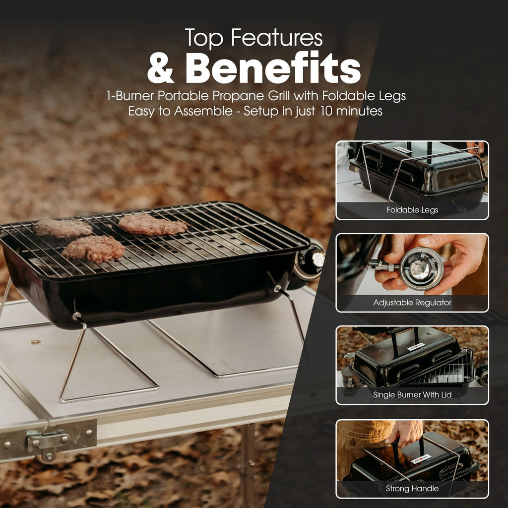 GasOne GPT-25 Propane Burner Gas Grill with Foldable Legs – Portable Grill Propane BBQ Grills with Adjustable Regulator – Heavy Duty Metal Construction – Easy to Assemble, Compact Foldable Design Gas One