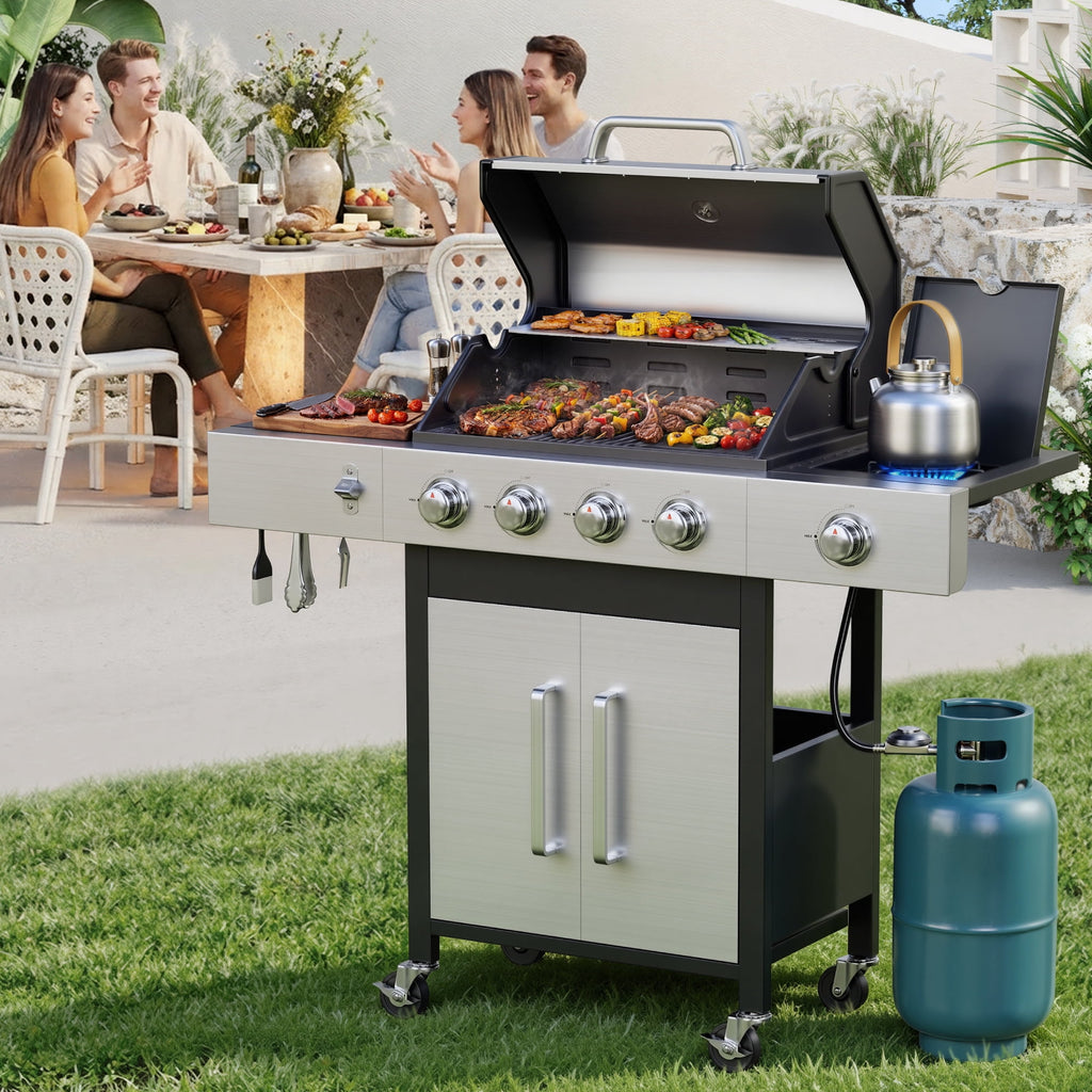 Biotree 4 Burner Gas Grill with Side Burner, 50800 BTU Barbecue Grill Propane Stainless Steel BBQ Grill with Porcelain-Enameled Cast Iron Grates for Outdoor Cooking Gas Grills