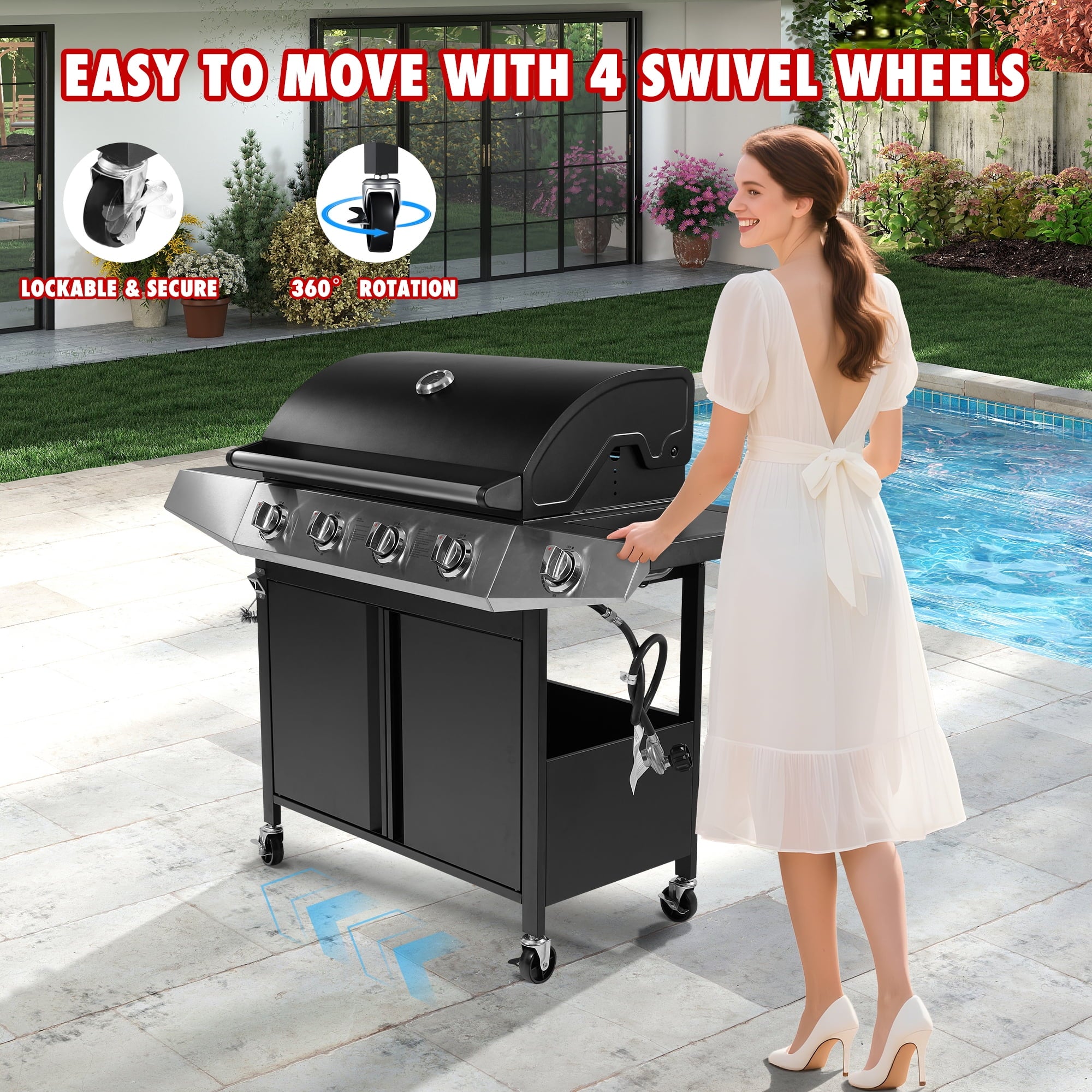 50000 BTU Gas Grills, SYNAGR Propane Grill with 566 sq.in Cooking Area, 5-Burner Stainless Steel BBQ Grill with Side Burner and Thermometer for Outdoor Party, Camping Syngar
