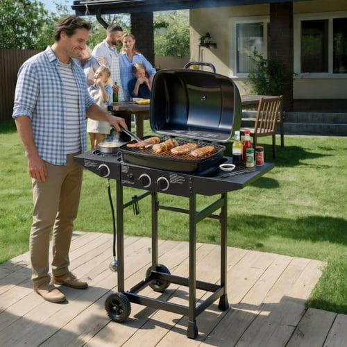 2 Burner Propane Gas Grill with Side Burner, 24000 BTU Outdoor BBQ Grill, Stainless Steel Enameled Grates, Side Tables, Wheels, 237 Sq. In. Cooking Area for Patio & Backyard Uhdpli