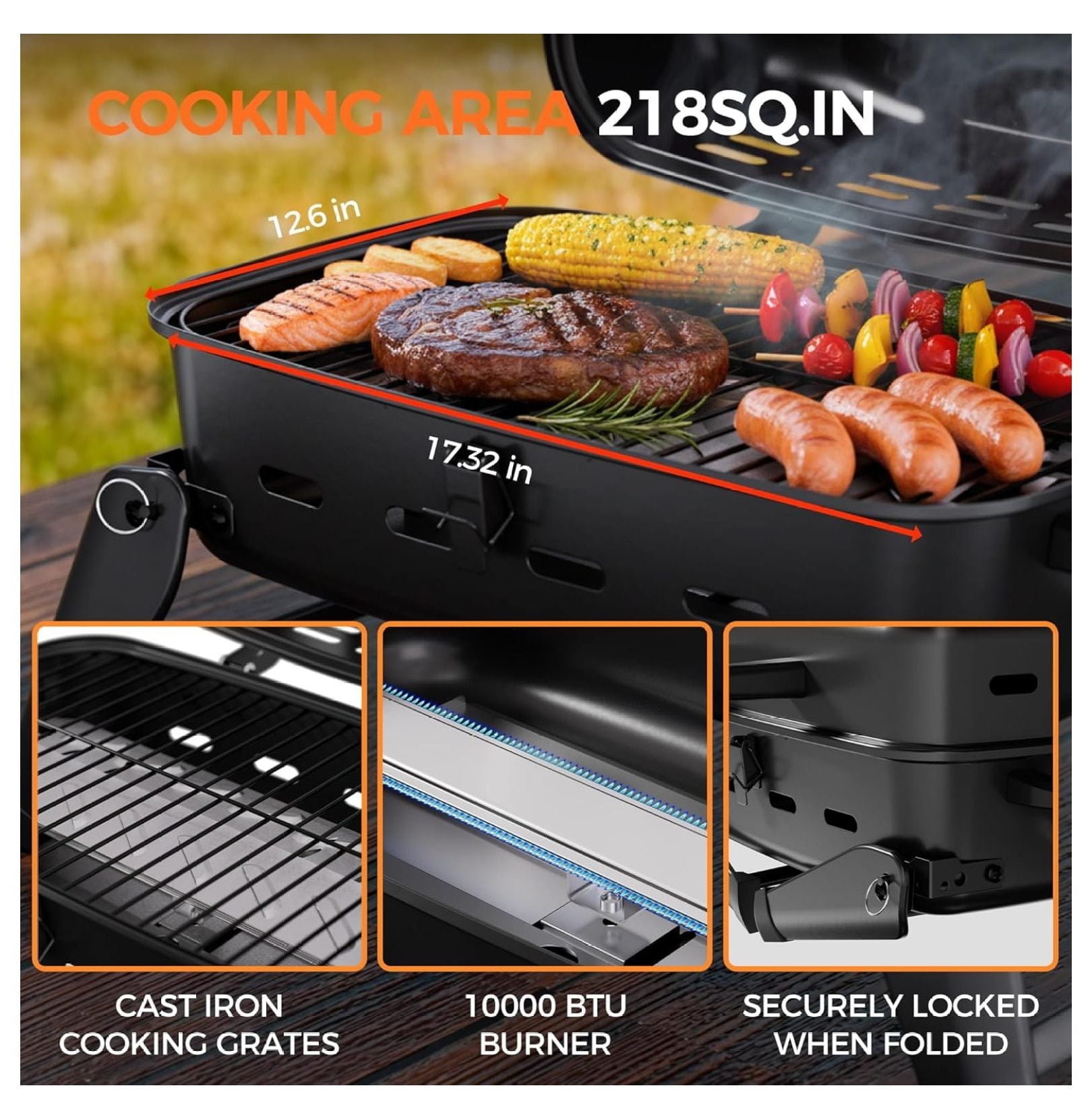 10,000 BTU Portable Gas Grill, Outdoor Compact BBQ Small Propane Grill with Foldable Legs for RV, Hiking, Camping, Patio, Tailgating TeuheJ