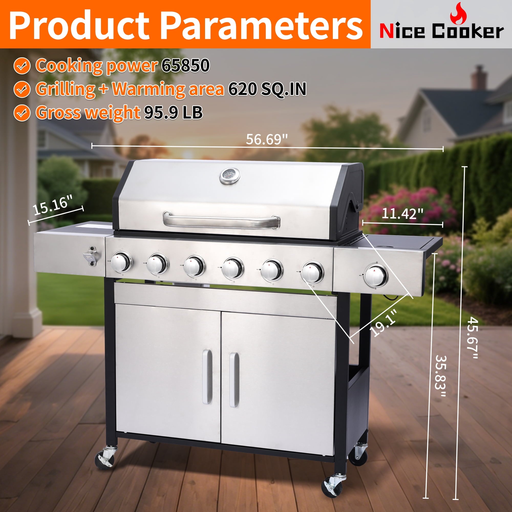 Nice Cooker 6-Burner Propane Gas BBQ Grill with Side Burner - 65850 BTU Total Output Stainless Steel Grills with Enameled Cast Iron Grill for Outdoor Backyard Barbecue, 620 SQ. IN. Cooking Area Nice Coker