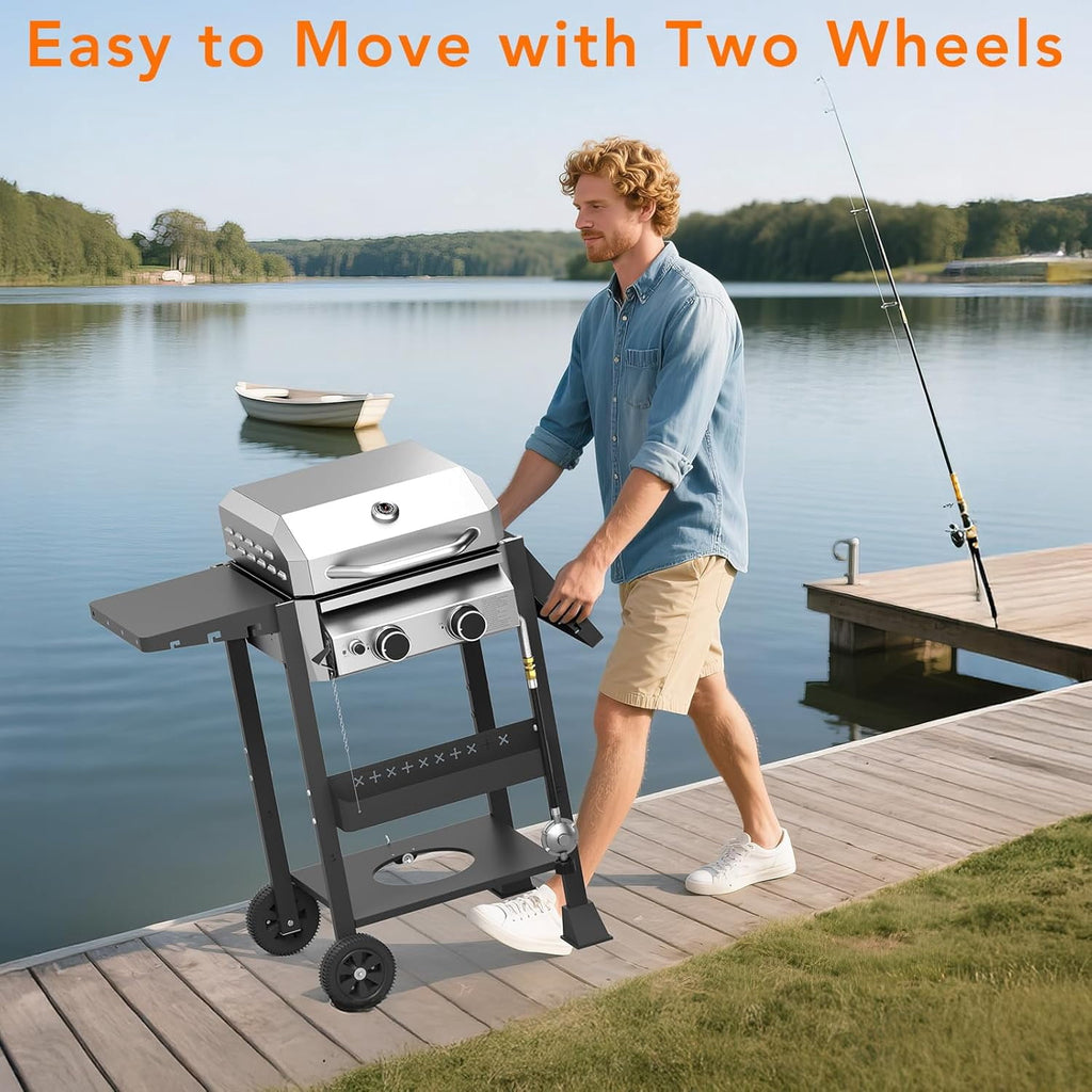 16000 BTU 2-Burner Propane Grill, Stainless Steel BBQ Grill with Cast Iron Frying Pan and Grates Combo, for Patio Backyard Outdoor Cooking WAA