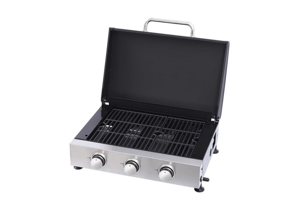 3 Burner Gas Grill - 28,650 BTU High-Powered, Stainless Steel with High-Temperature Enamel Coating, Multi-Function Teppanyaki & Grill, Cast Iron Grates, Pull-Out Oil Pan with Cups, Safe Ignition GORTES