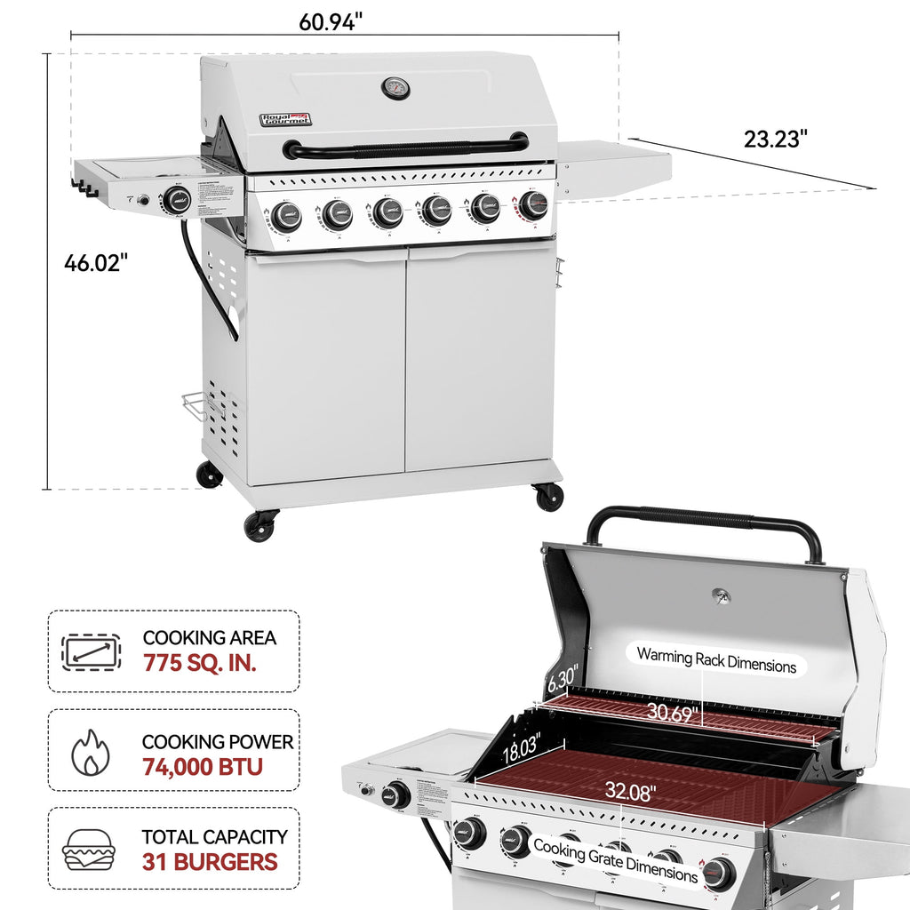 Royal Gourmet GA6406W 6-Burner BBQ Gas Grill, with Sear Burner and Side Burner, Cabinet Style Grill, 74,000 BTU, White Royal Gourmet