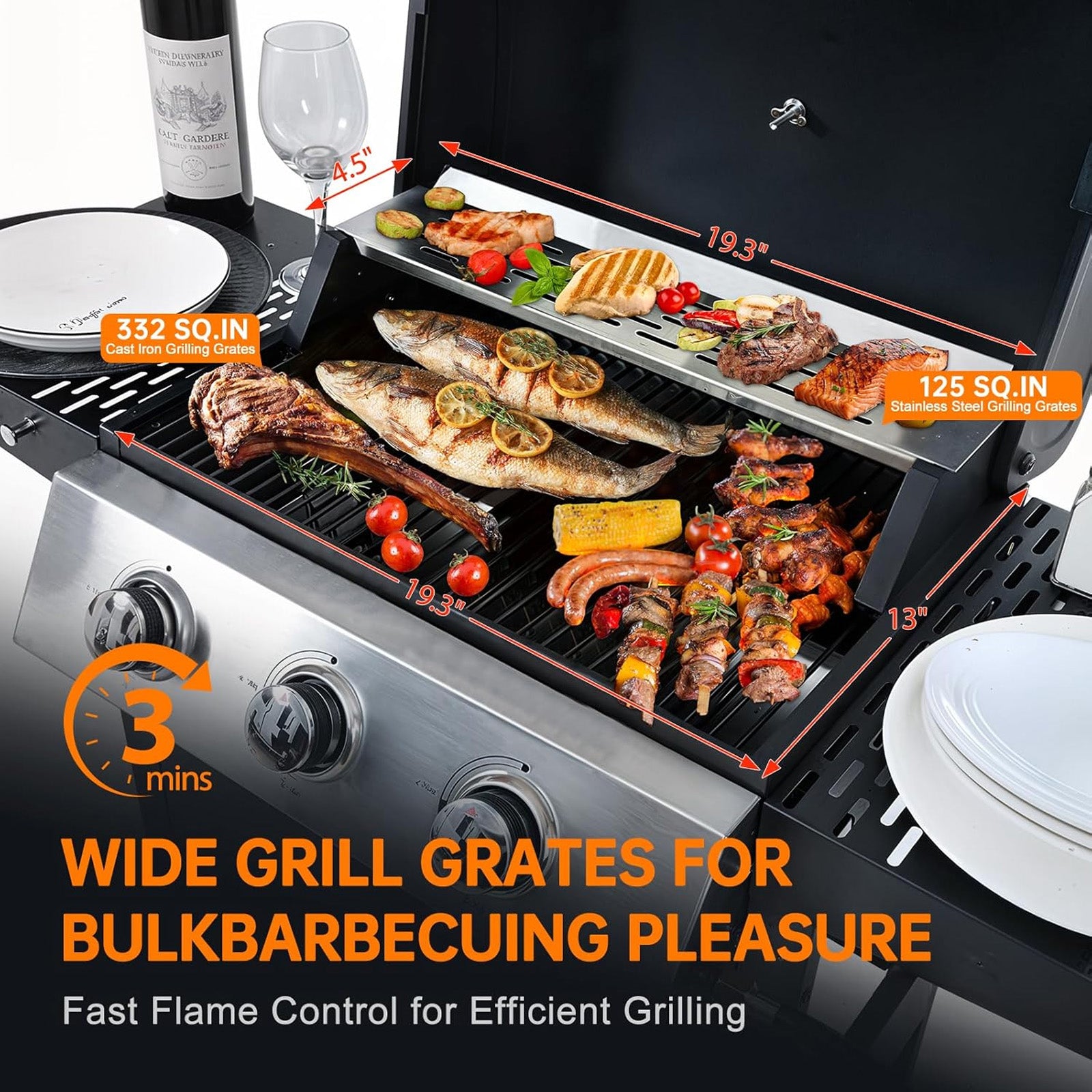 3-Burner Propane Gas Grill, 25650 BTU, Stainless Steel Outdoor BBQ Gill with Wire Enamel Grids, Thermometer for Cookingand Foldable Side Tables Gas Grills