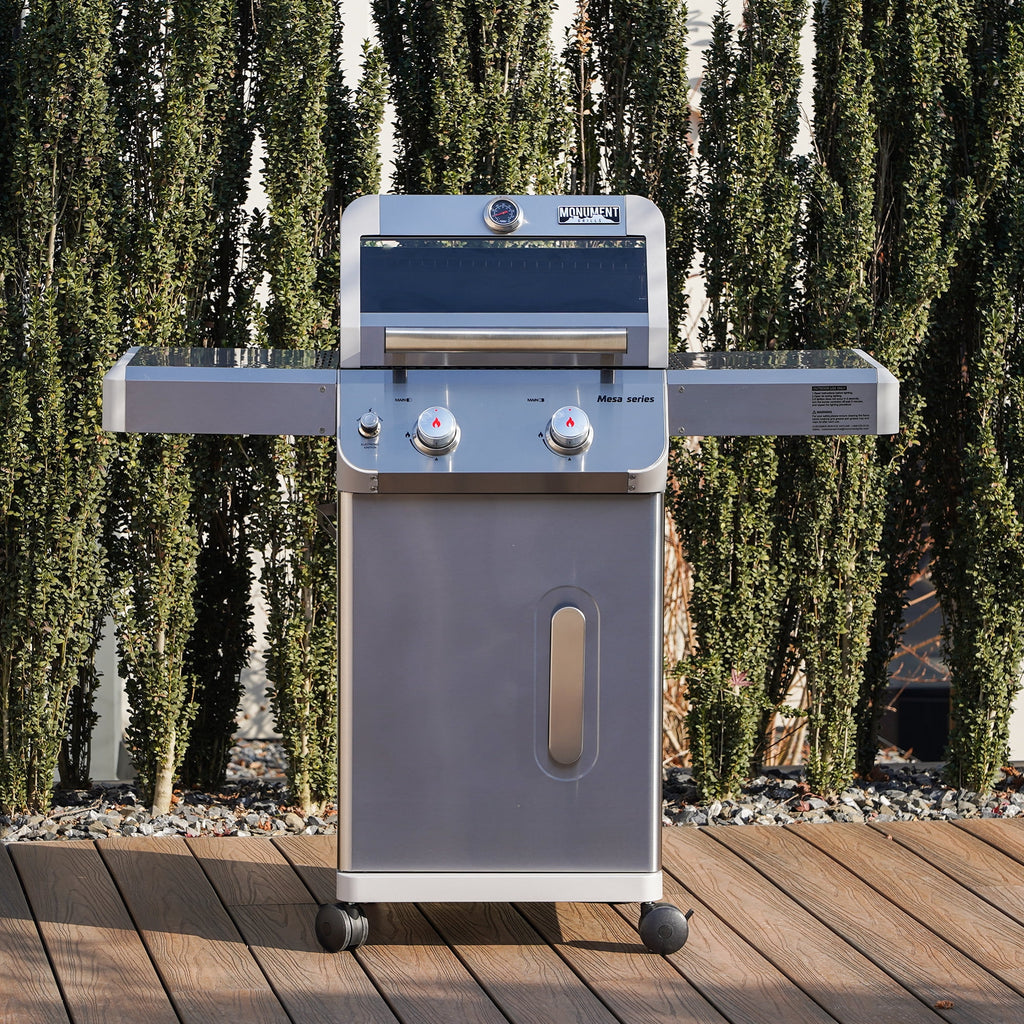 Monument Grills Mesa 2-Burner Propane Gas Grill, Foldable Sides, Swivel Casters, Stainless Steel, LED Controls Gas Grills