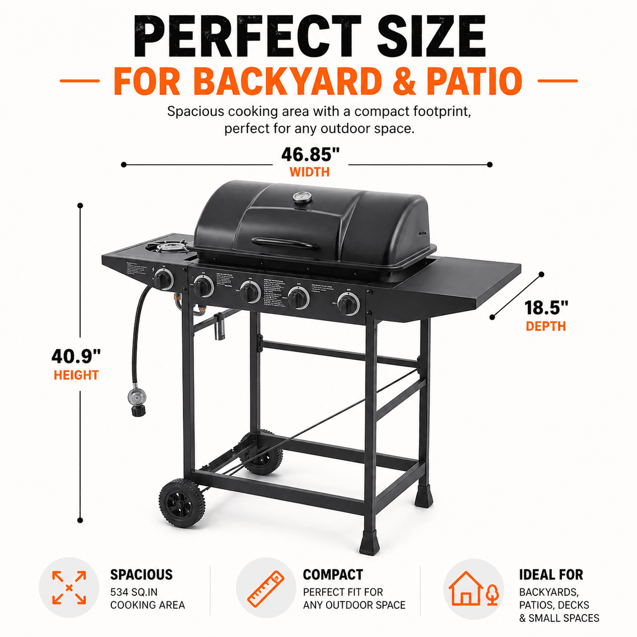 4 Burner Propane Gas Grill with Side Burner, 42000 BTU Stainless Steel BBQ Grill with Cast Iron Grates, 534 Sq In Cooking Area, Outdoor Barbecue Grill with Side Tables for Patio Backyard Cooking Gas Grills