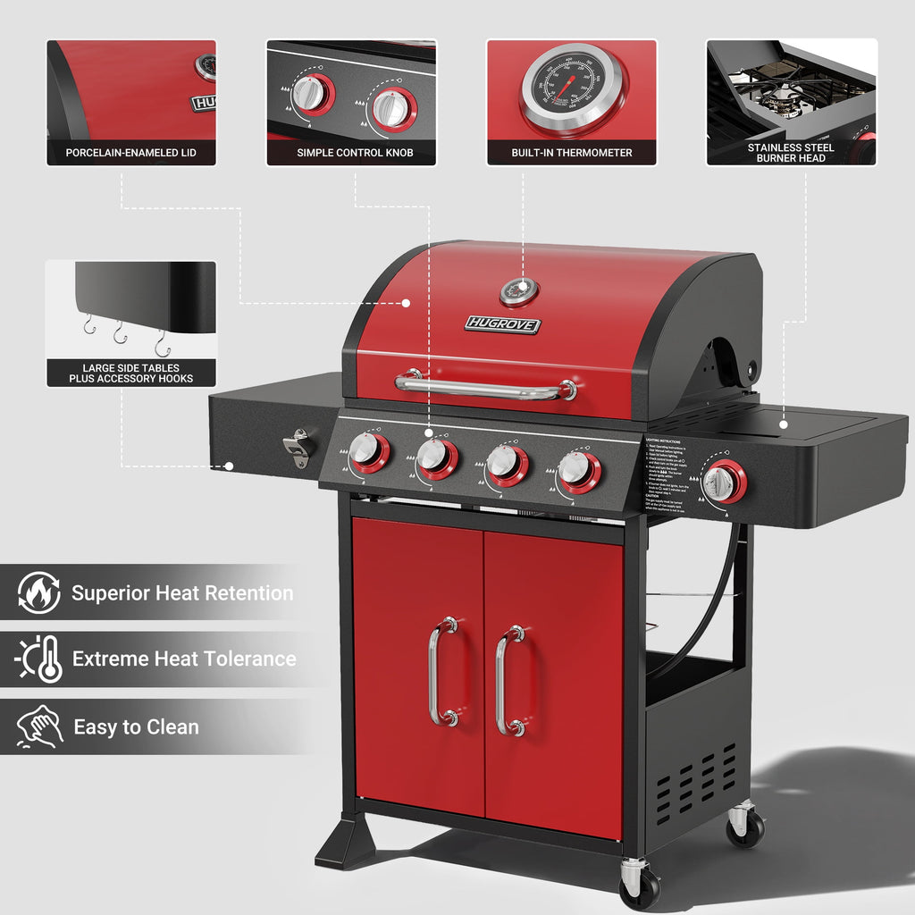 4-Burner Gas Grill with Side Burner, 51,000 BTU, HUGROVE  BBQ Grill with Porcelain-Enameled Lid,Cast Iron Grates, Propane Grills Outdoor Cooking, Red Gas Grills
