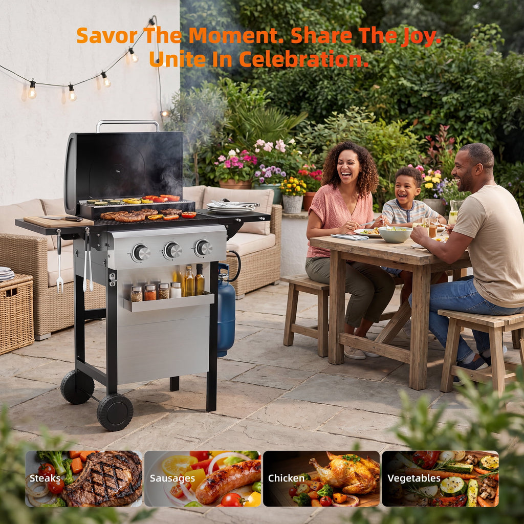 Biotree 3 Burner BBQ Propane Gas Grill, Stainless Steel 28,650 BTU Patio Garden Barbecue Grill with Two Foldable Shelves Gas Grills