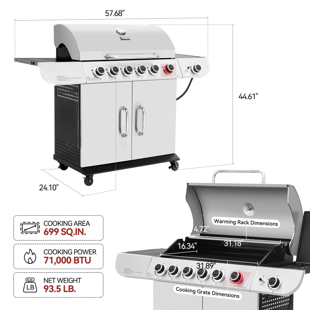 Royal Gourmet SG6002R 6-Burner BBQ Liquid Gas Grill with Sear and Side Burner, 71,000 BTU Cabinet Style Gas Grill, Outdoor Patio Garden Grill, Stainless Steel, Silver Royal Gourmet