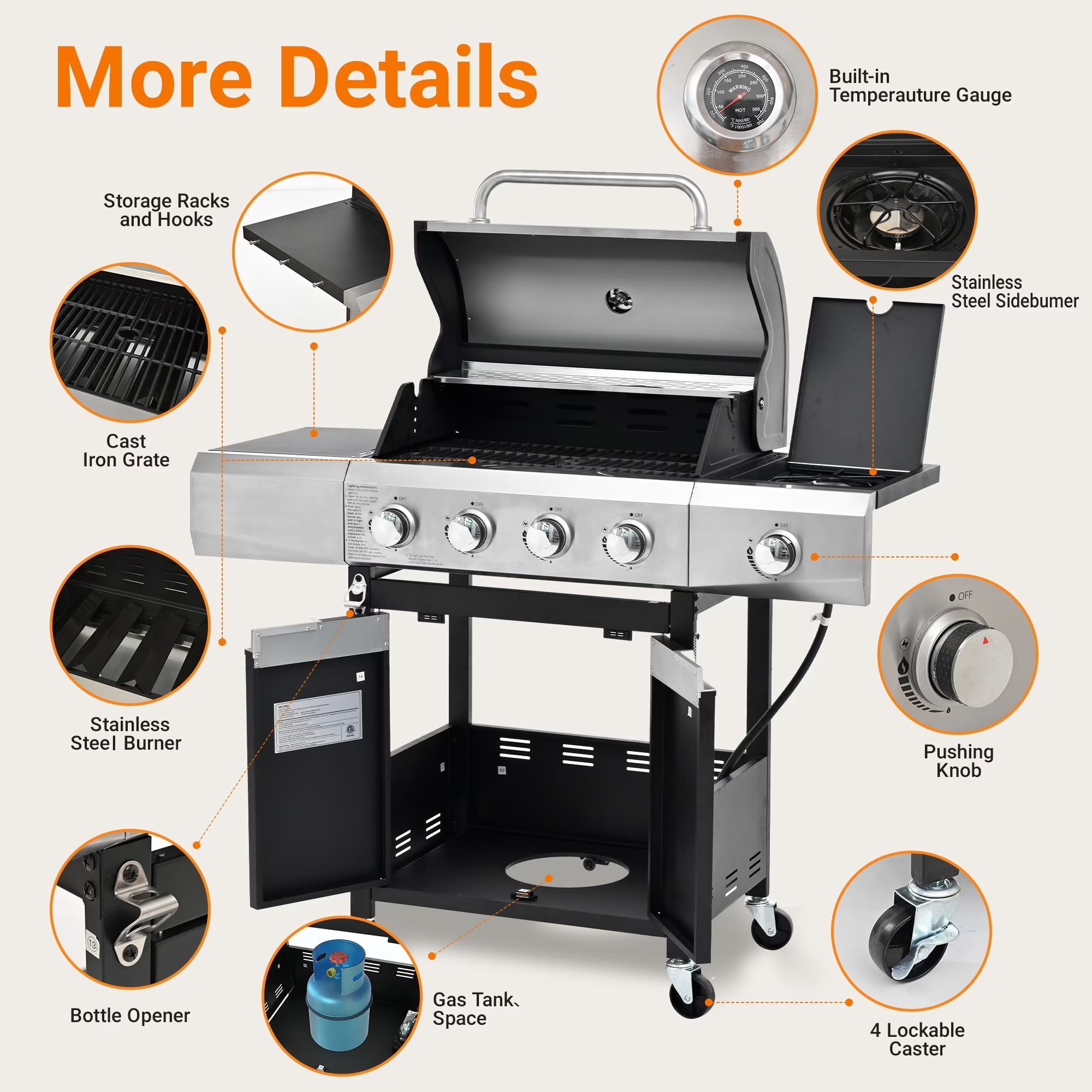 Highsound 4-Burner Propane Gas Grill with Side Burner, 51,000 BTU Outdoor Barbecue Grill, Stainless Steel BBQ Grill for Backyard Cooking, Black Gas Grills