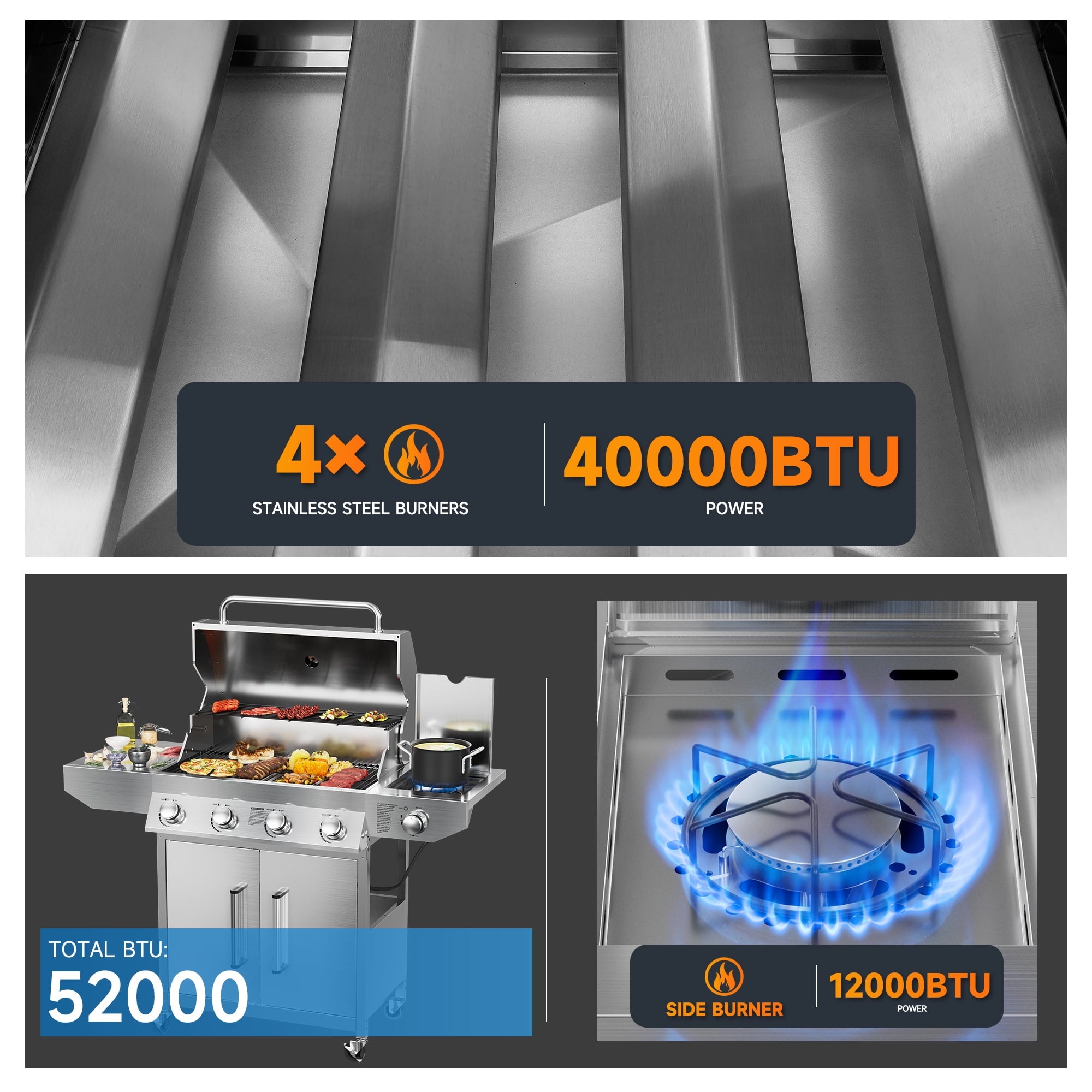 SKOK 4 Burner Gas Grill with Side Burner, 58000 BTU &393 sq.in Cooking Surface, Outdoor Propane Barbecue Grill for Patio & Backyard Gas Grills