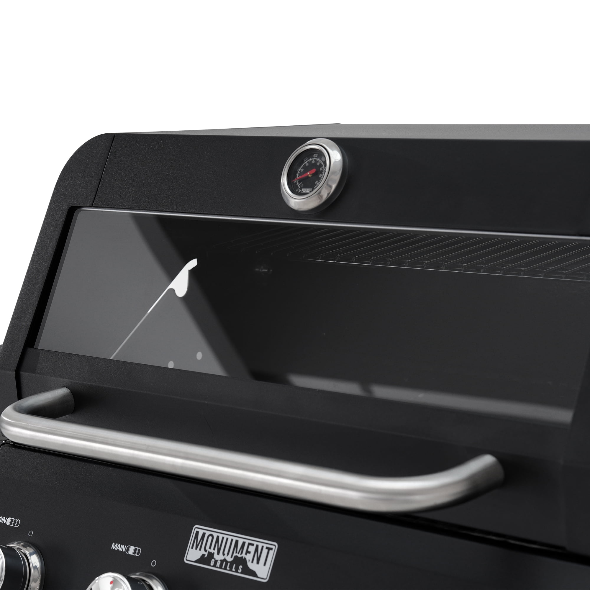 Monument Grills 4-Burner Liquid Propane Gas Grill, 38,000 BTU Stainless Steel Outdoor Barbecue Grill, Clearview Lid, Foldable Side Shelf, Easy Cleanup, M420MF Gas Grills