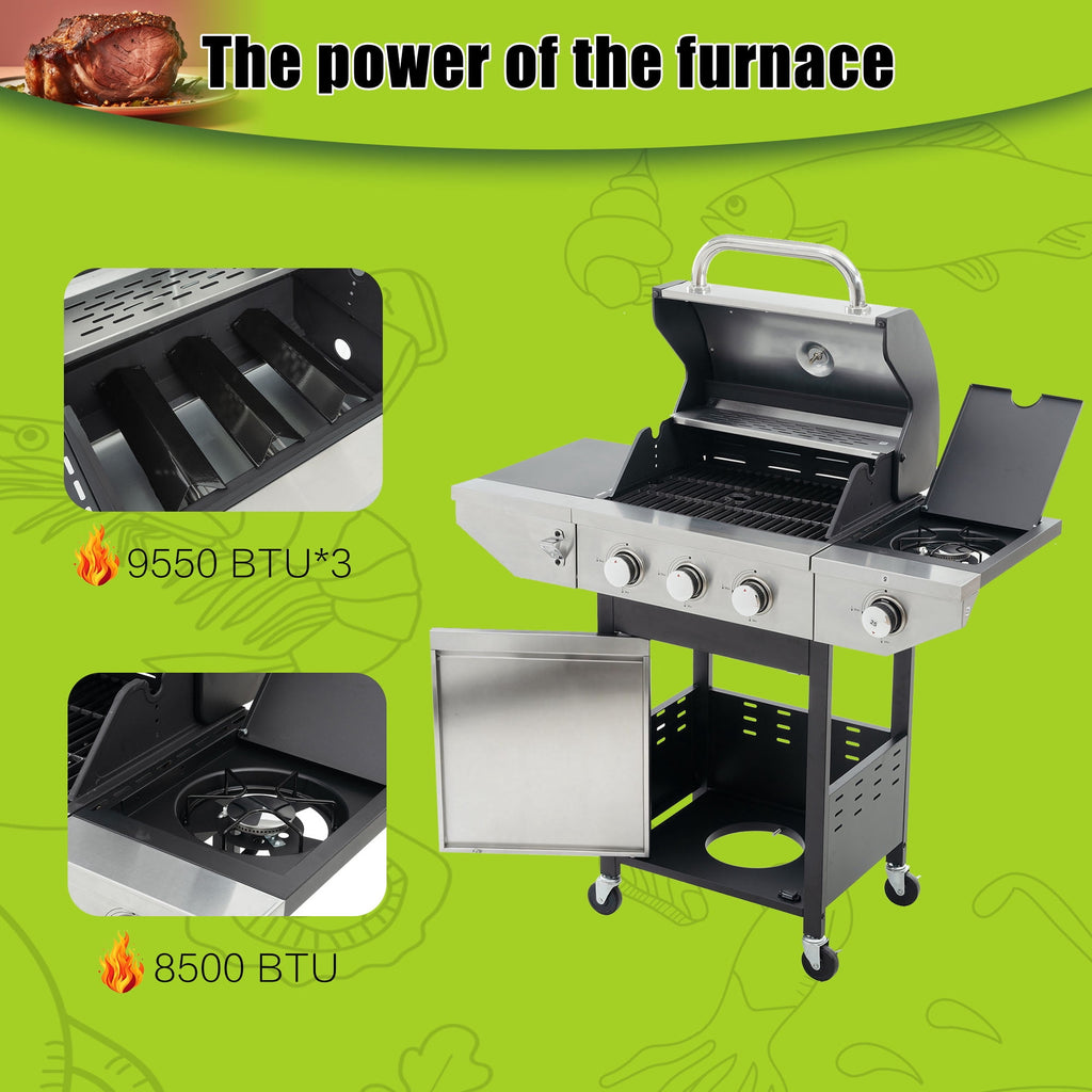 Holaki 3-Burner Propane Gas Grill with Side Burner, Stainless Steel, 37,000 BTU, Thermometer, Outdoor Bbq Grill Gas Grills