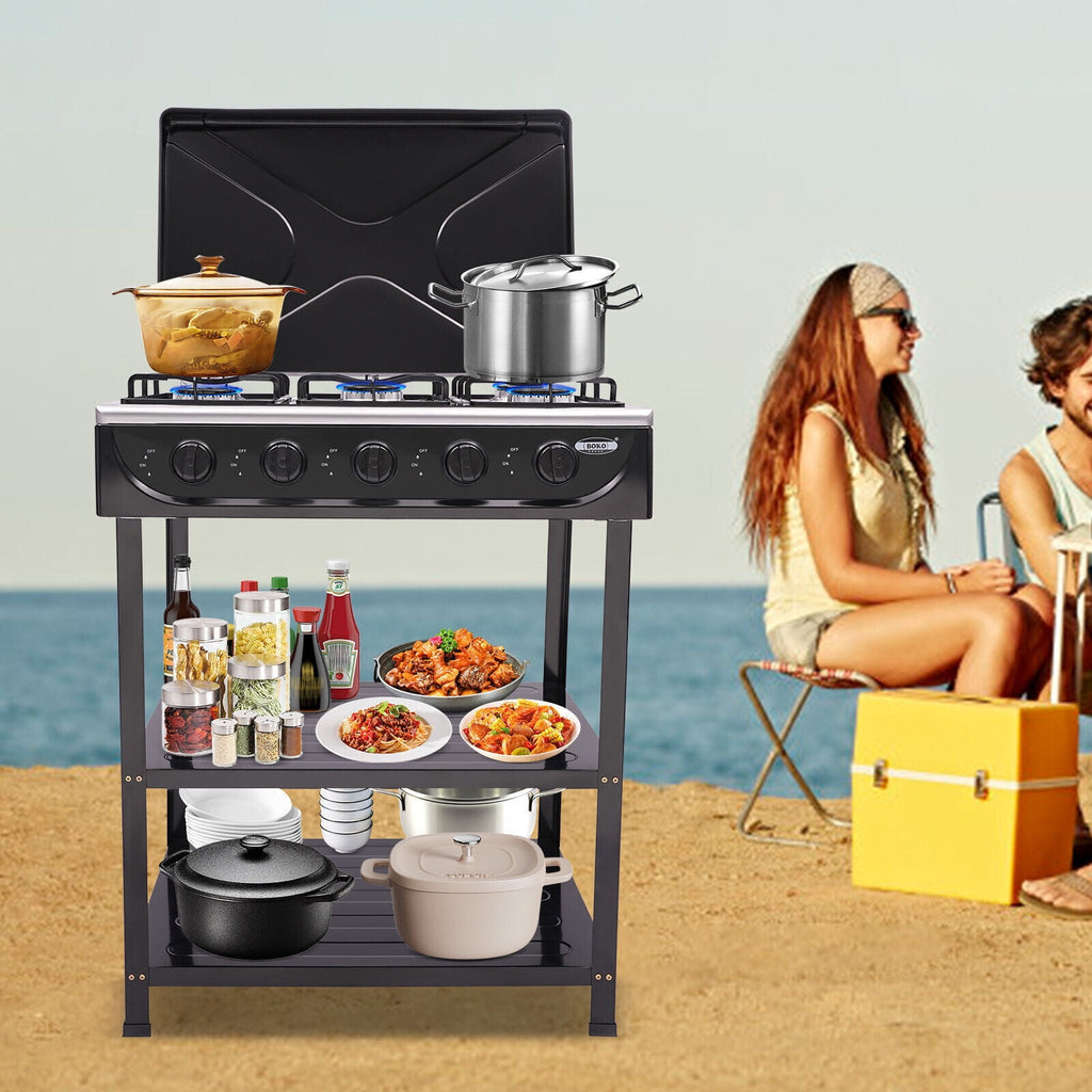 5-Burner Gas Stove Outdoor Camping Cooking BBQ Grill with 2-Tier Storage Rack Unbranded