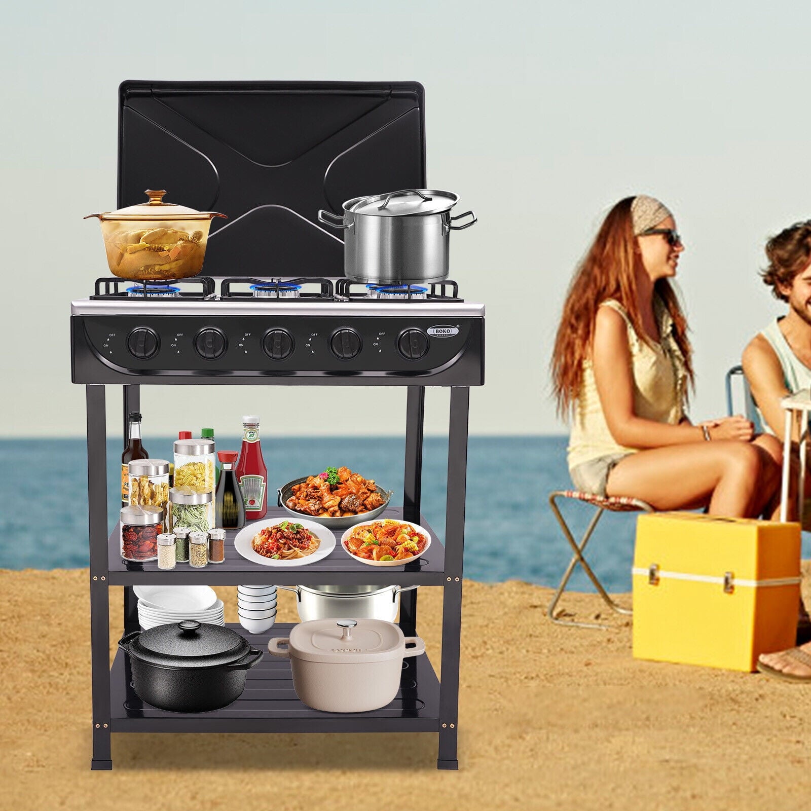 5-Burner Gas Stove Outdoor Camping Cooking BBQ Grill with 2-Tier Storage Rack Unbranded
