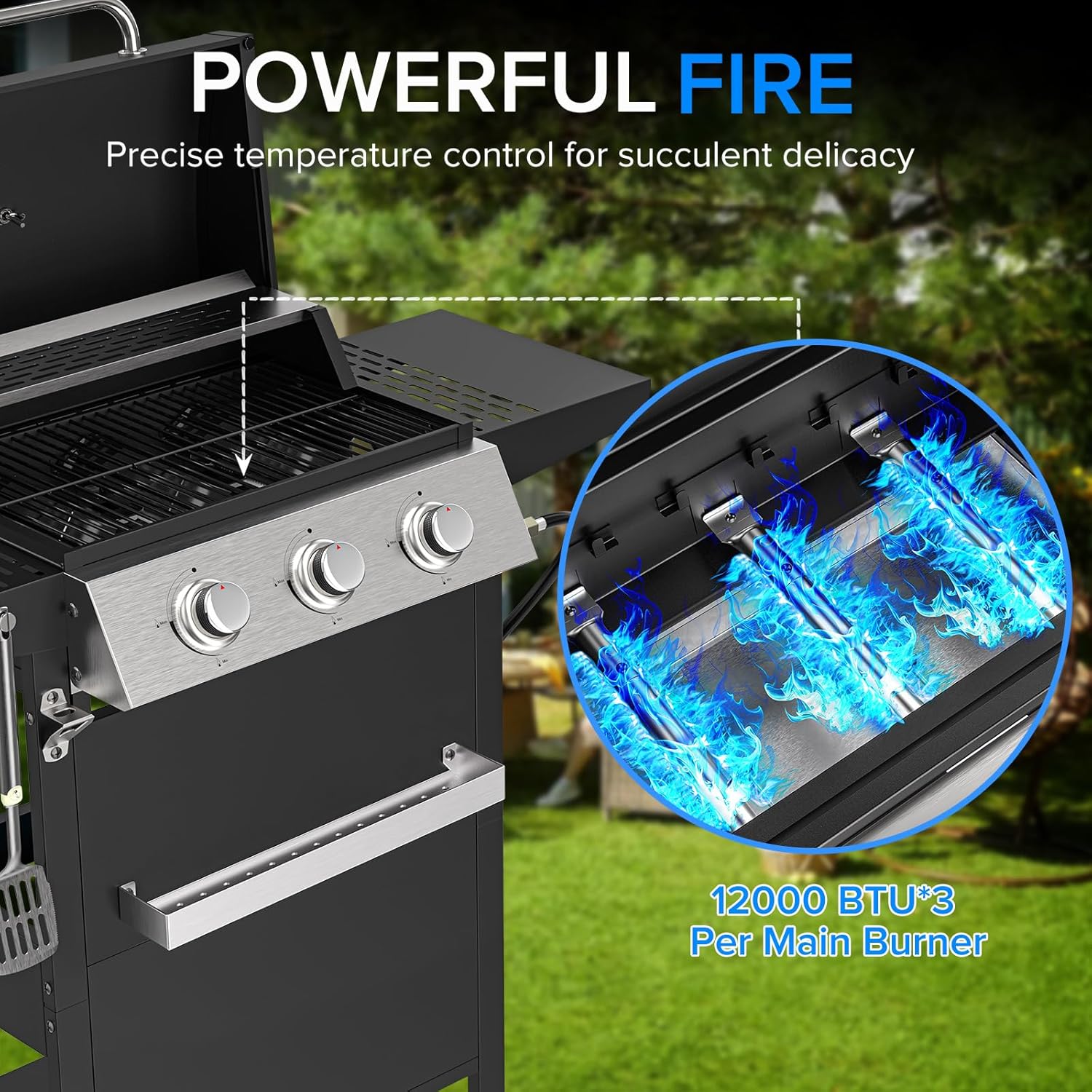3 Burner Propane Gas Grill, Stainless Steel 36,000 BTU BBQ Grill, Built-in Lid Thermometer, Ideal for Patio Camping Backyard TPUFO