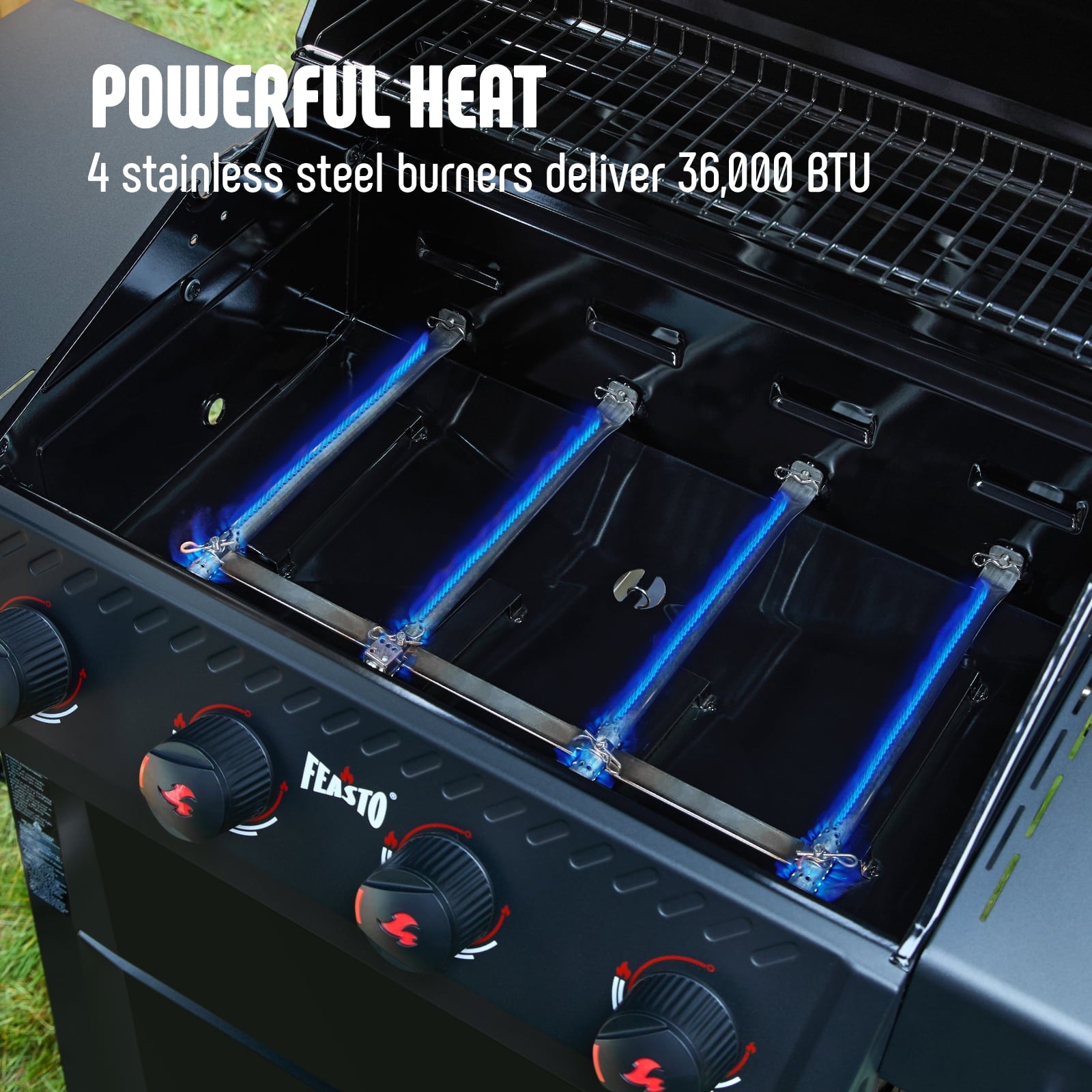 Feasto 4-Burner Propane Gas Grill, Outdoor Grill with 2 Side Tables and Porcelain-Enameled Grates, Black Gas Grills