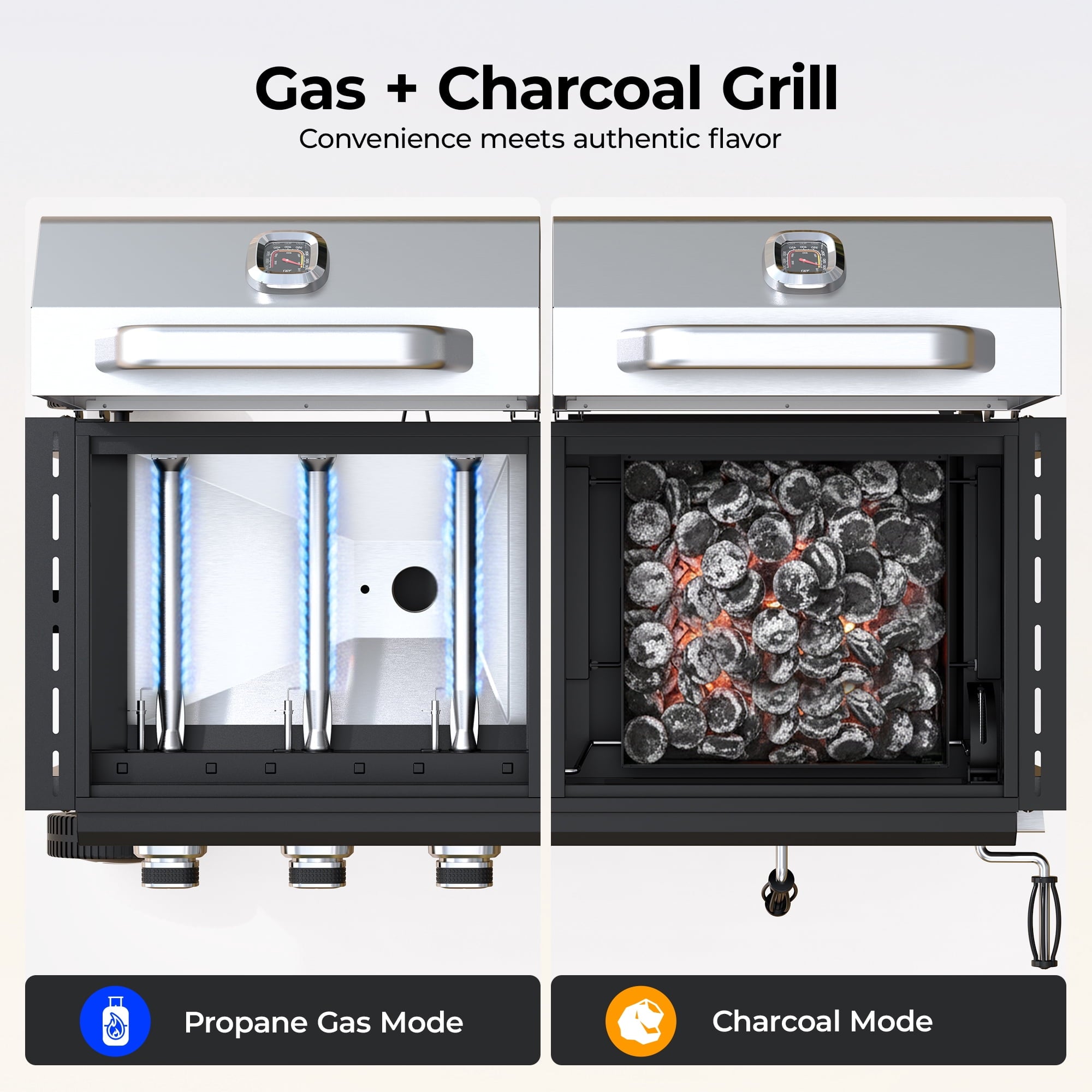 Flintex Propane Gas and Charcoal Grill Combo, Dual Fuel Outdoor BBQ Grill Stainless Steel Lids for Patio Garden Picnic Backyard Barbecue Cooking Gas Grills