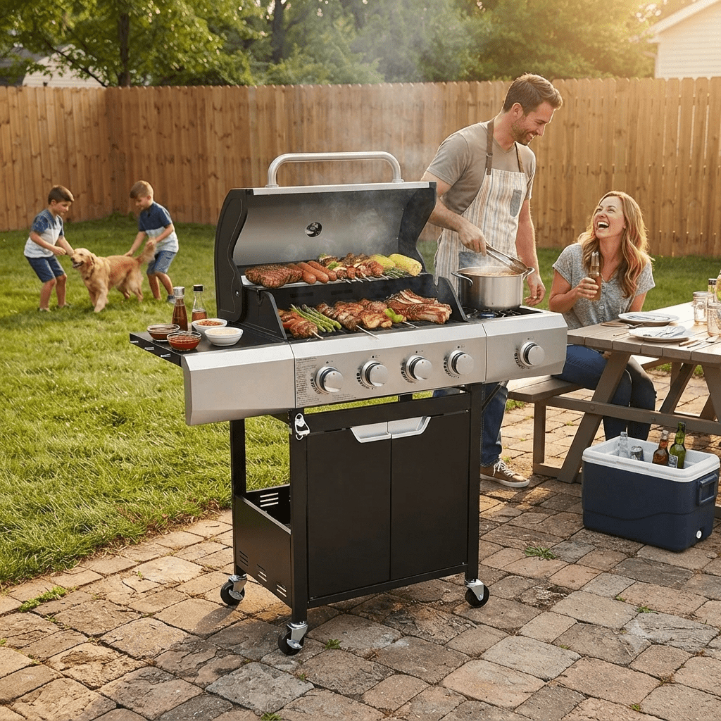 Highsound 4-Burner Propane Gas Grill with Side Burner, 51,000 BTU Outdoor Barbecue Grill, Stainless Steel BBQ Grill for Backyard Cooking, Black Gas Grills
