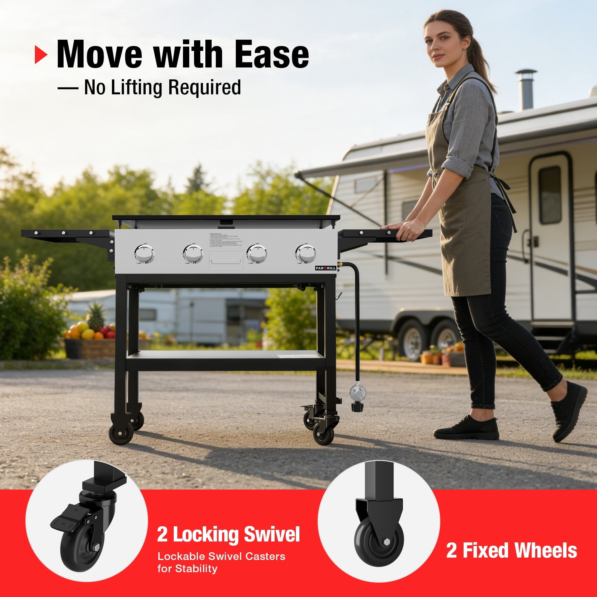 PARGRILL 36 Gas Griddle, 4 Independent Burners Propane Flat Top Grill with Side Tables, 60,000 BTU Outdoor Griddle Station with Wheels for Backyard BBQ PARGRILL