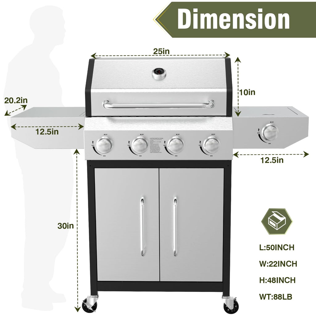 BESTFIRE 60,000 BTU 4+1 Burner Propane Gas Grill - 647 sq. inches Stainless Steel Outdoor BBQ with Porcelain-Enameled Cast Iron Grates, Side Burner & Storage Cabinet for Patio and Backyard Cooking Gas Grills