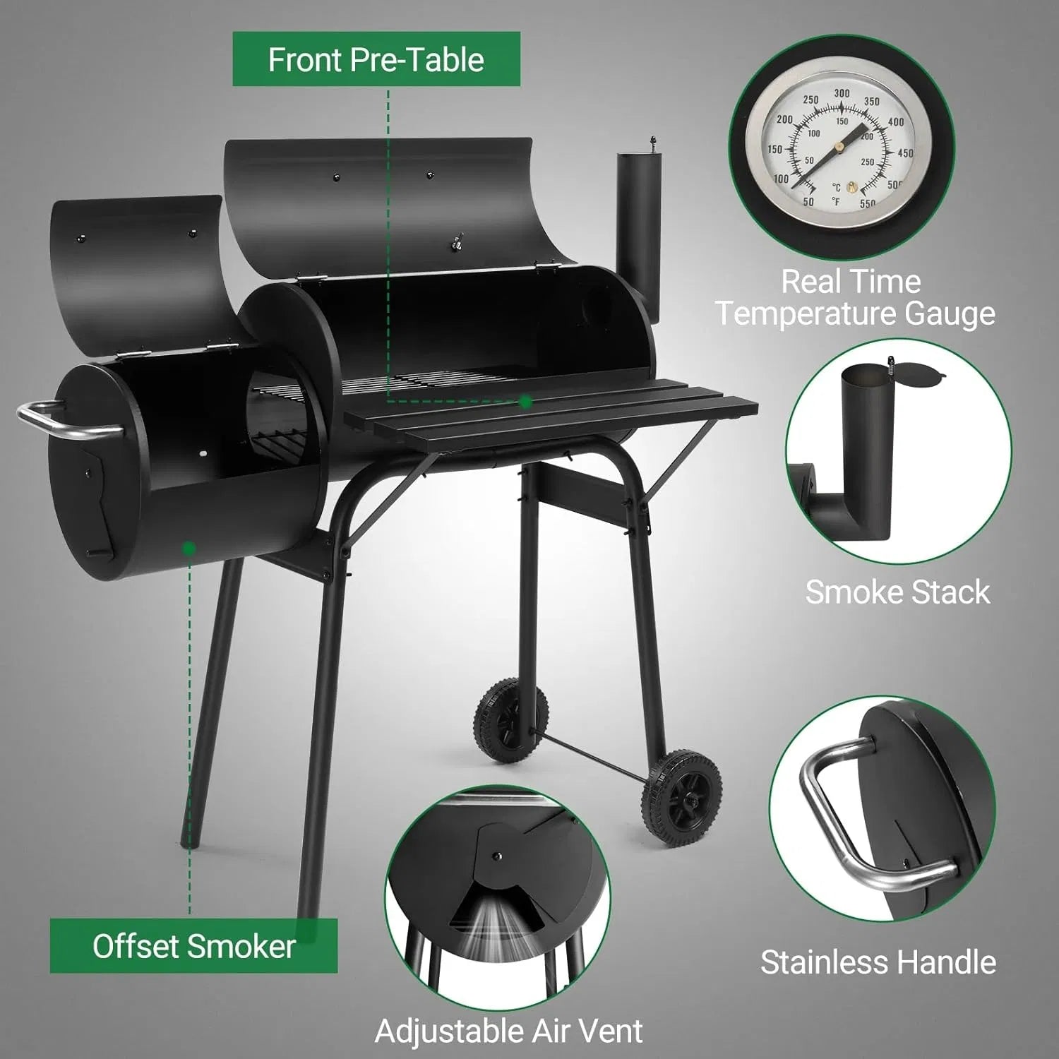 YDLW Charcoal Offset Smoker Grill - Family-Size 4-6 Person BBQ with Temperature Control & Portable Wheels YDLW
