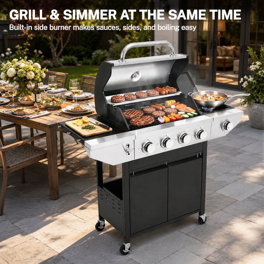 SEGMART 4 Burner Propane Gas Grill with Side Burner, 46,500 BTU Outdoor Cooking BBQ Grill with Porcelain-Enameled Cast Iron Grates, Equipped with Temperature, Tool Hooks, and Bottle Opener Gas Grills