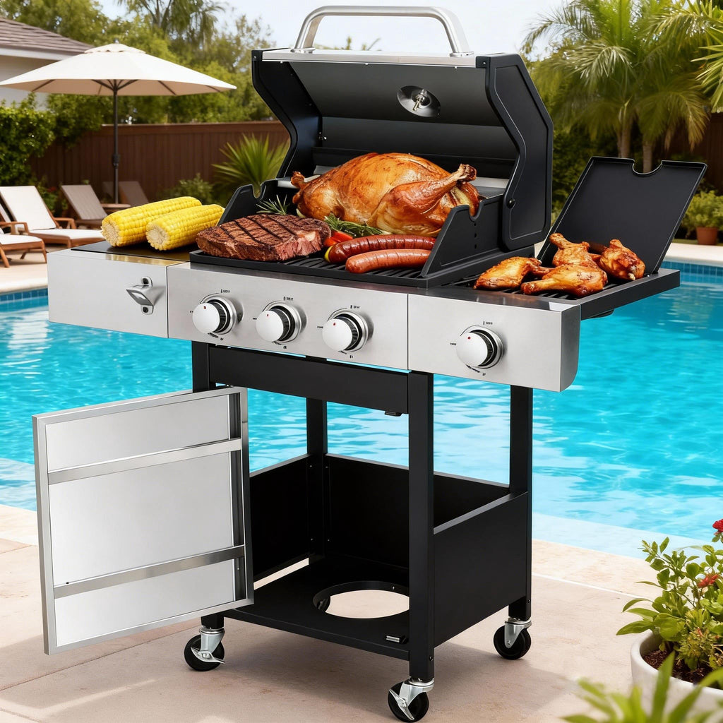 ENYOPRO 3 Burner Propane Gas Grill , Outdoor BBQ Grill with Side Burner, 37,230 BTU Gas Grill with Warming Rack, Thermometer, Lockable Casters for Patio, Garden & Camping Enyopro