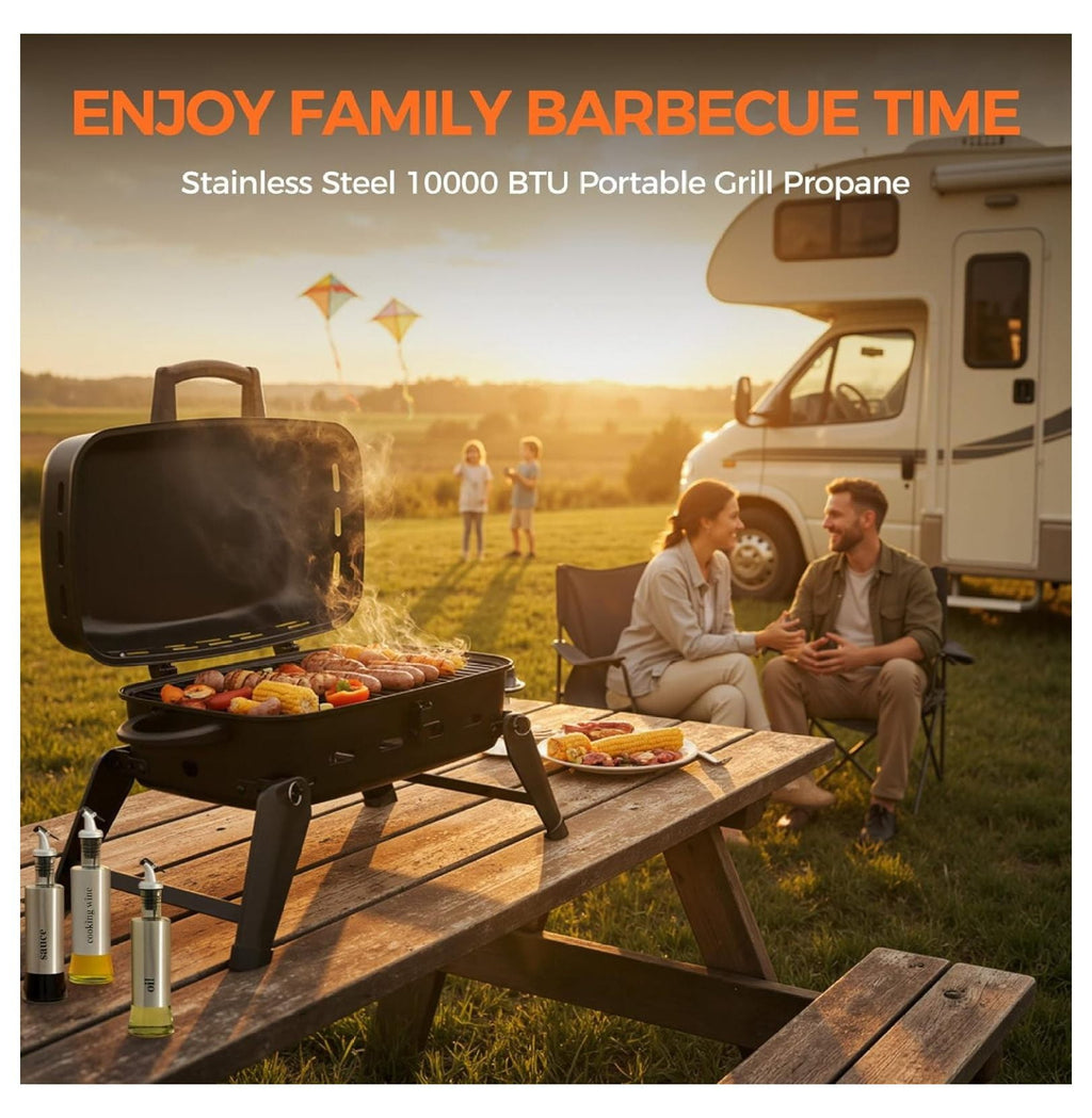 10,000 BTU Portable Gas Grill, Outdoor Compact BBQ Small Propane Grill with Foldable Legs for RV, Hiking, Camping, Patio, Tailgating TeuheJ