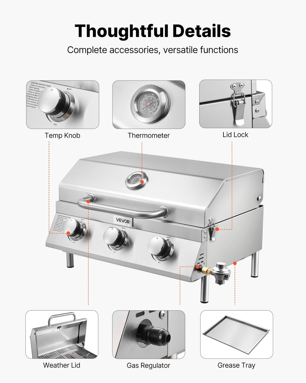 VEVOR Tabletop Gas Grill, 3-Burner Stainless Steel Portable Propane Grill, with Built-in Thermometer, Travel Locks, Weatherproof Lid, 22,500 BTU Total, for Outdoor Cooking,Patio,Party,Camping,RV VEVOR