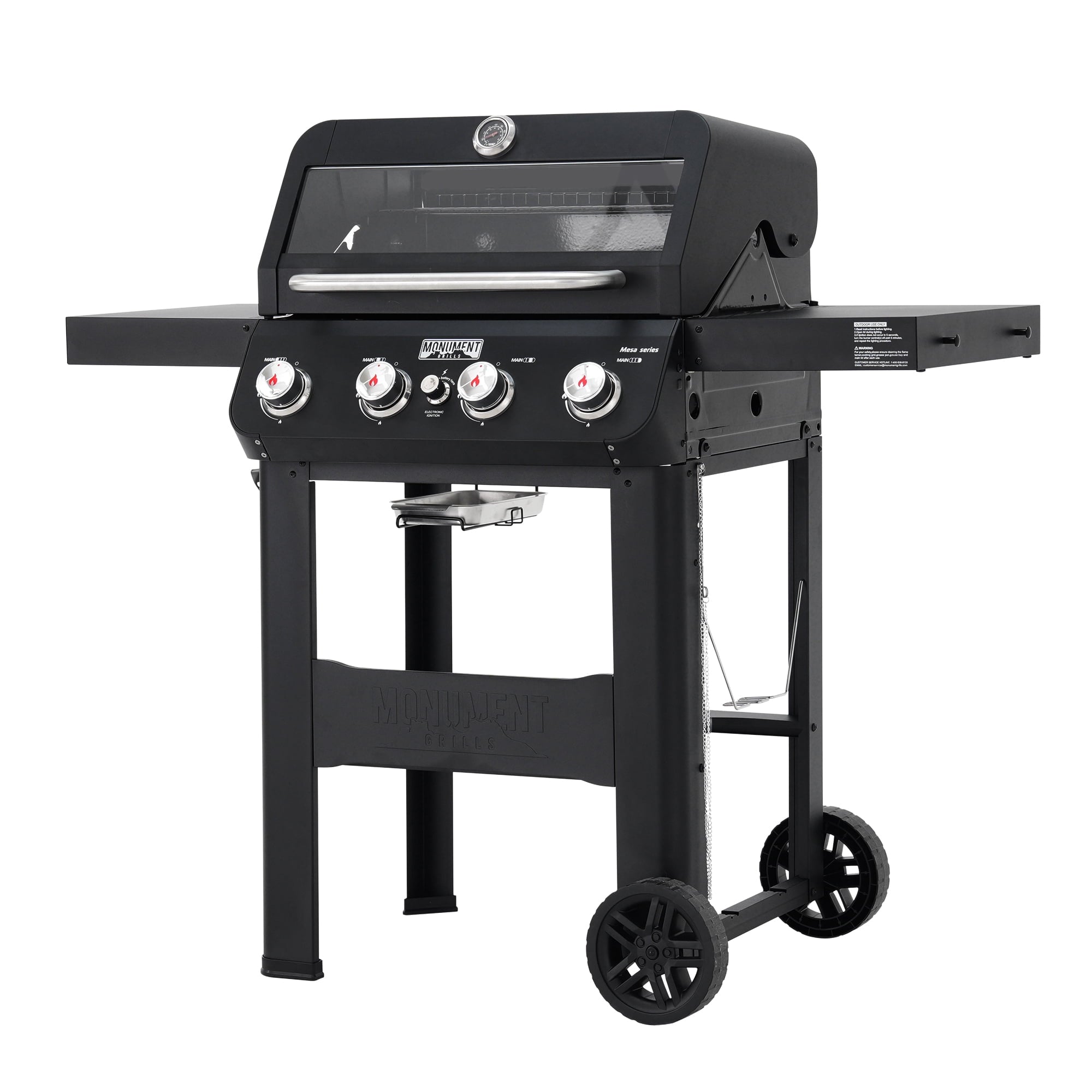 Monument Grills 4-Burner Liquid Propane Gas Grill, 38,000 BTU Stainless Steel Outdoor Barbecue Grill, Clearview Lid, Foldable Side Shelf, Easy Cleanup, M420MF Gas Grills