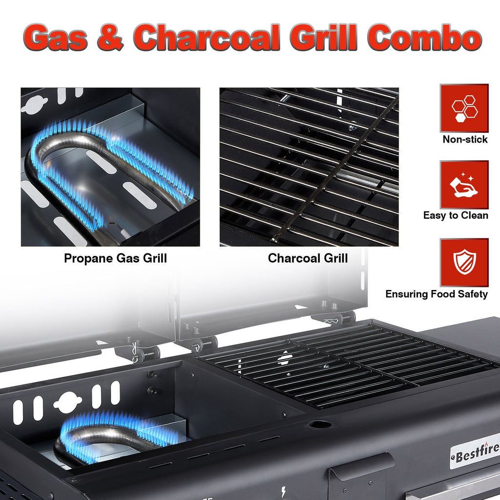Bestfire Double Fuel Propane Gas Charcoal Grill Combo Black Dual Lids, 2 Side Shelves for Outdoor and Backyard Cooking Gas Grills