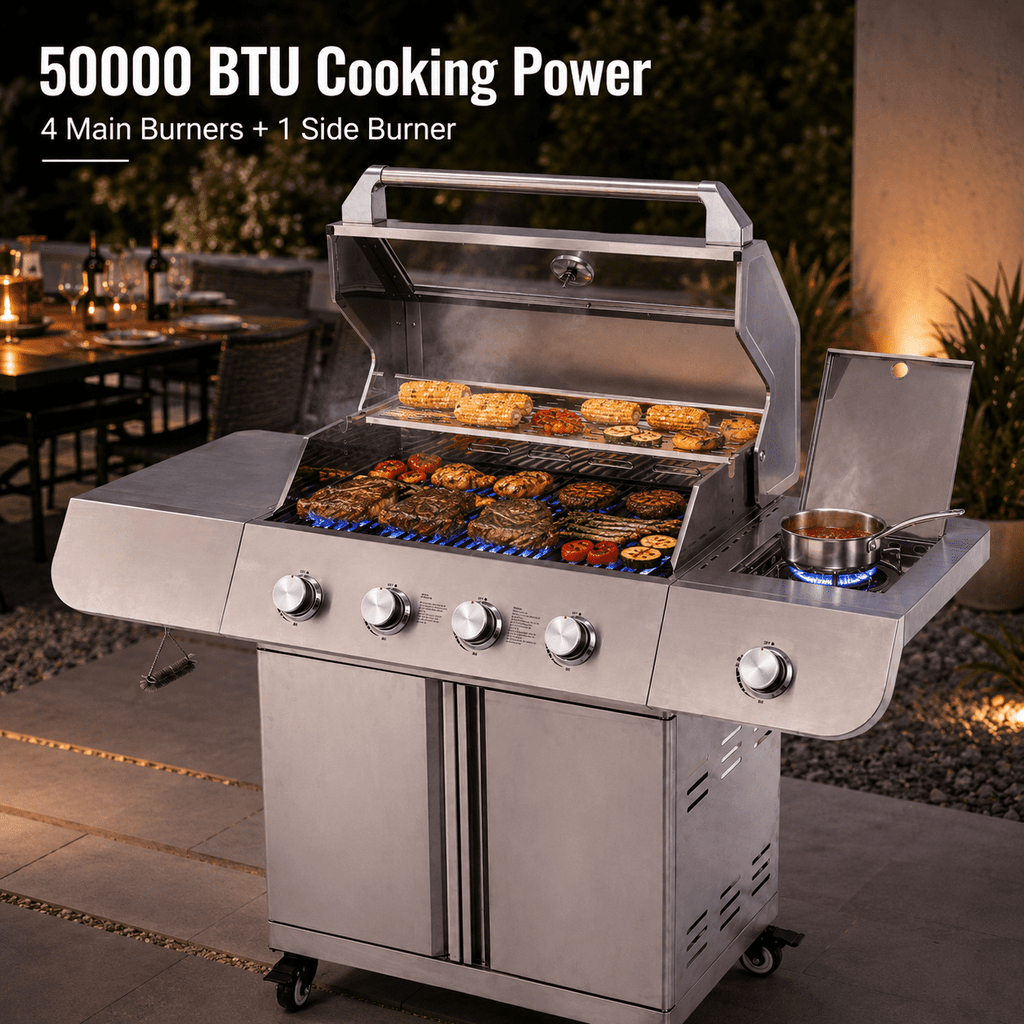 50000BTU Ultra Gas Grill, Syngar Propane Grills with 474 sq.in Cooking Area, 5-Burner Stainless Steel BBQ Grill with Side Burner and Thermometer for Outdoor Party, Camping Gas Grills