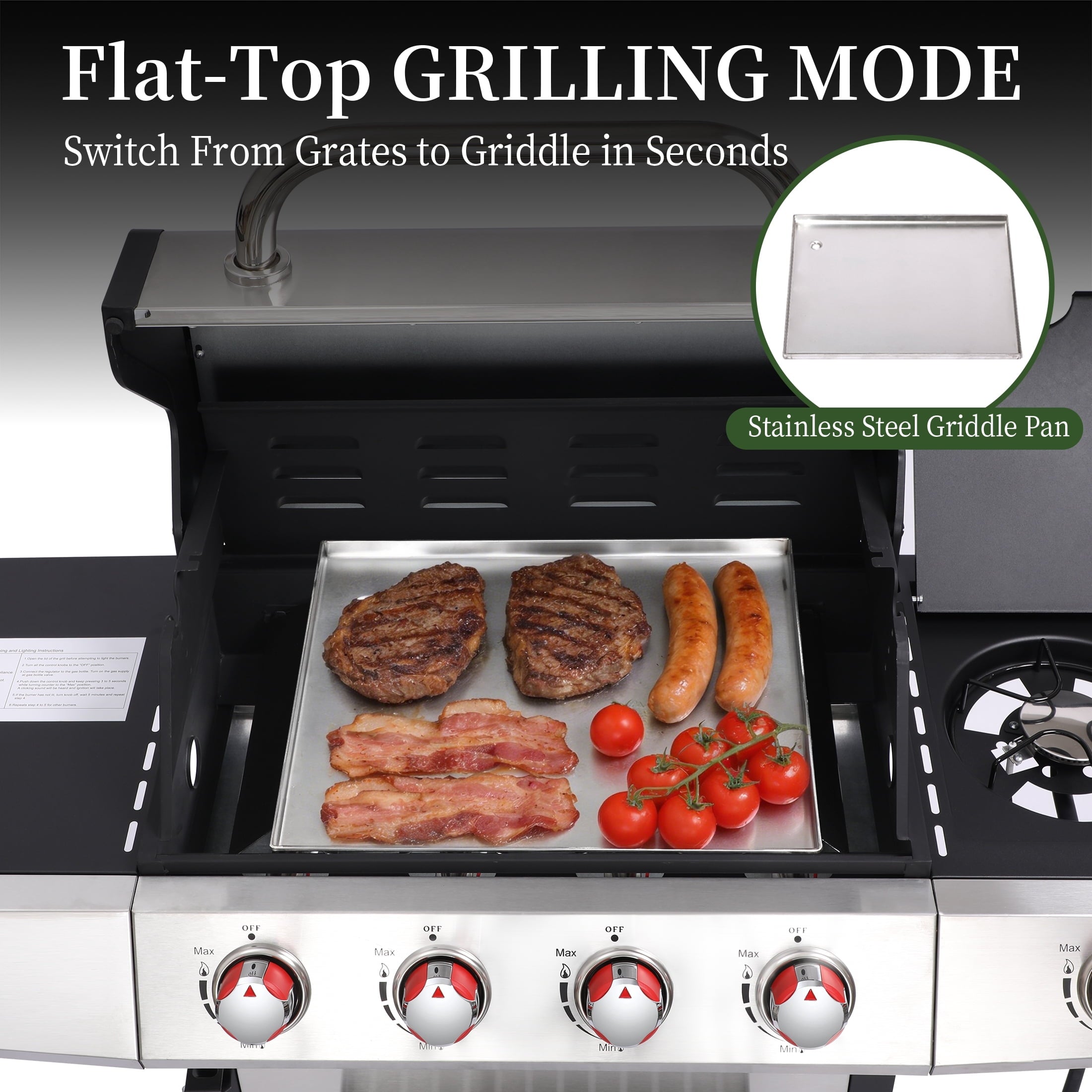4 Burner Propane Gas Grill Combo w/Side Burner, 3-in-1 BBQ Grill with Charcoal Smoker & Griddle Plate, 46,750 BTU, 448 Sq.In. Stainless Steel Outdoor Cooking Station Nice Cooker