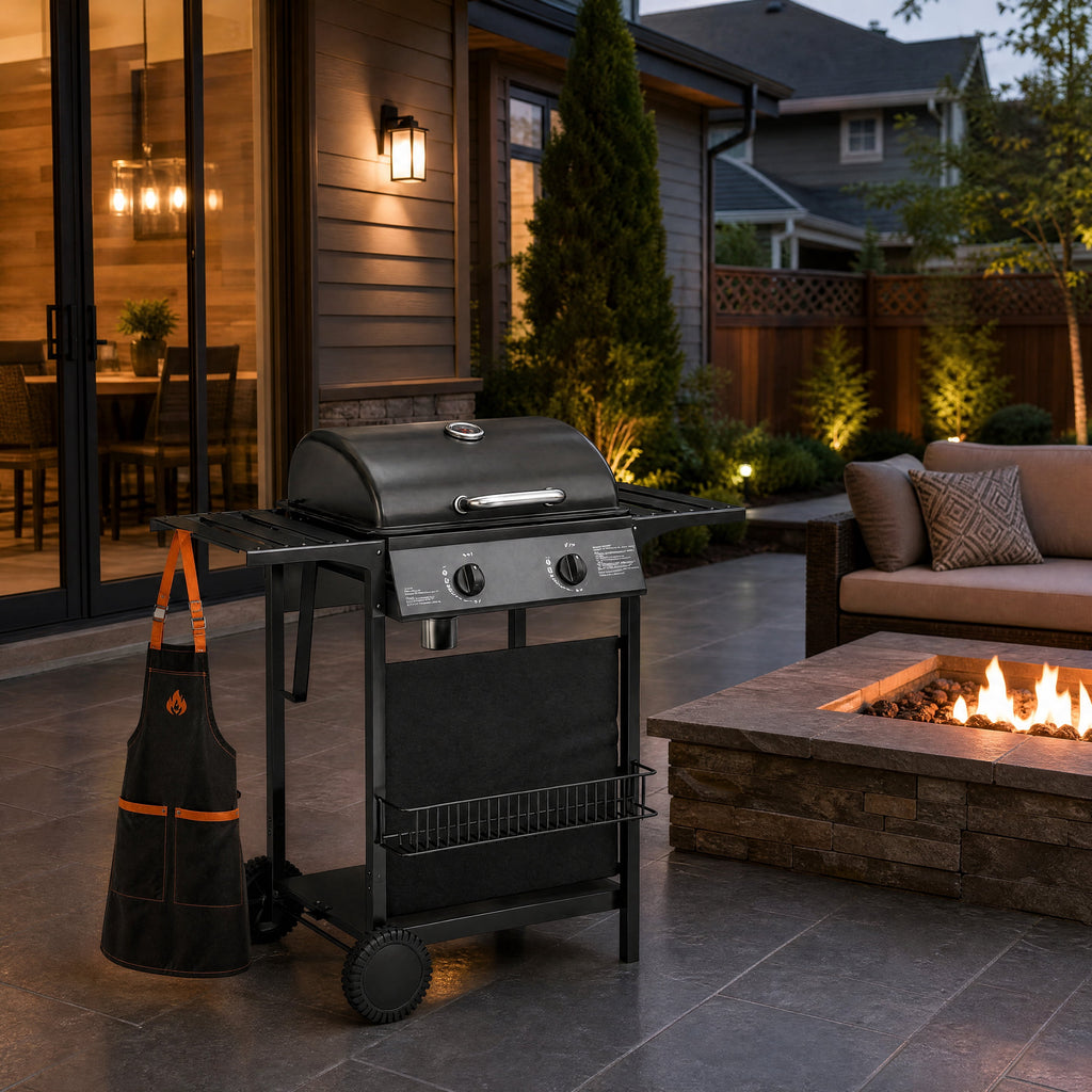 2 Burner 18000 BTU Propane Gas Grill Freestanding Outdoor BBQ Grill Dual?Zone Flat Top Grill with Warming Rack Side Tables for Backyard Patio Garden Family Outdoor Cooking Cozynest