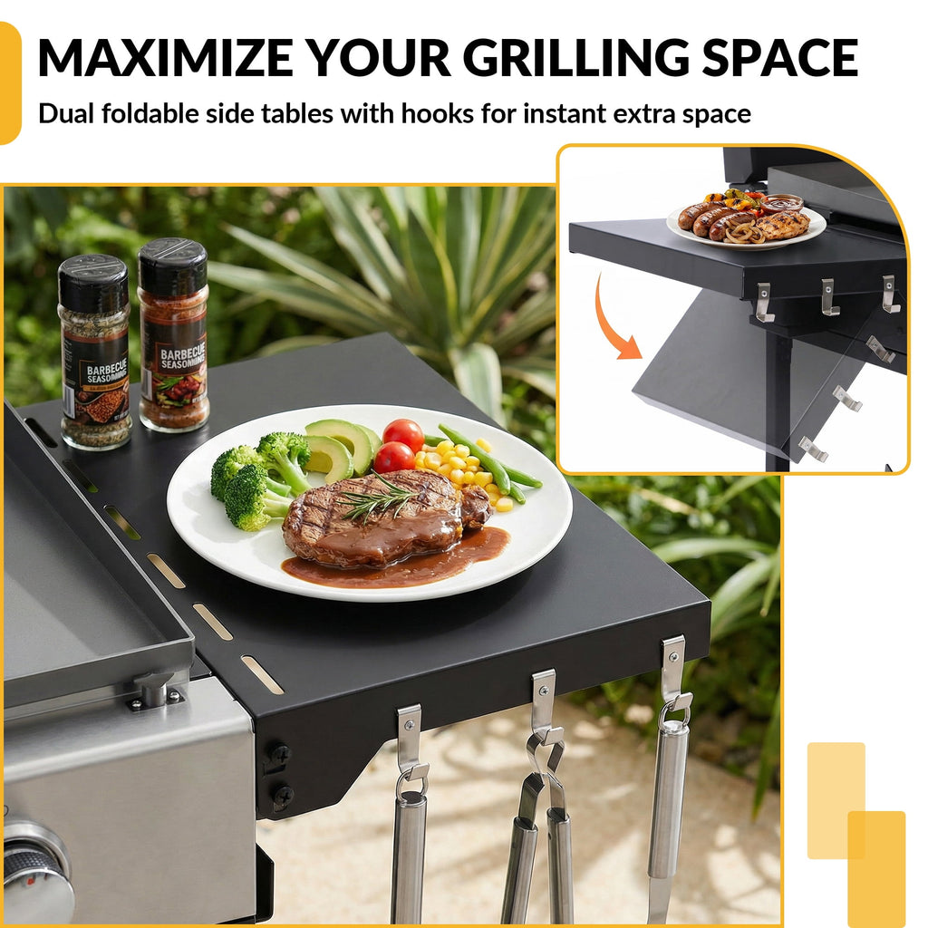 Magic Union 4-Burner Heavy Duty Rolling Flat Top Propane Gas Griddle, Portable Griddle on Cart with Hood & Foldable Side Shelves, 32000 BTU 455 sq.in, for Outdoor Cooking, Camping & Tailgating Gas Grills