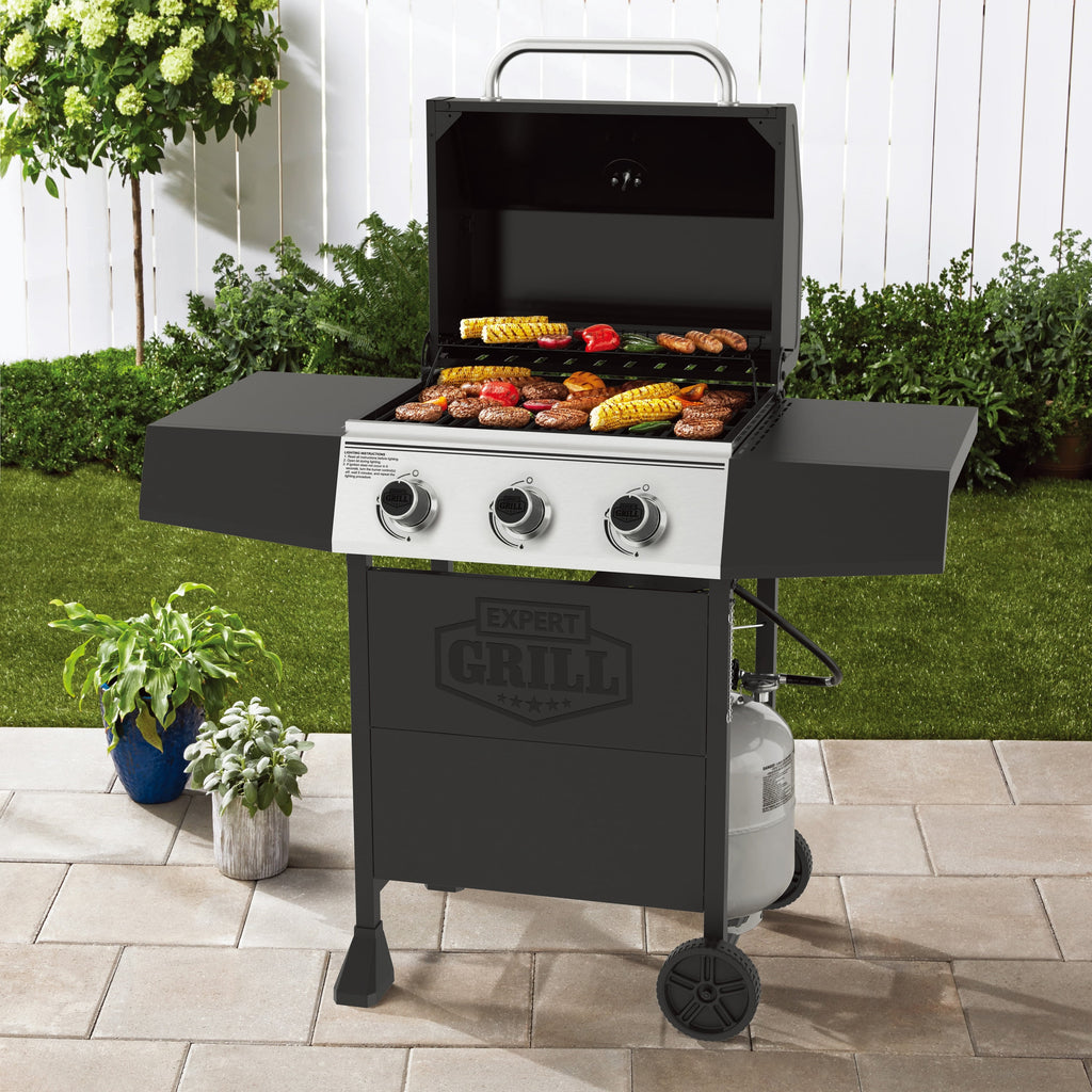 Expert Grill, 3-Burner Propane Gas Grill with Side Table and Wheels, Black Expert Grill