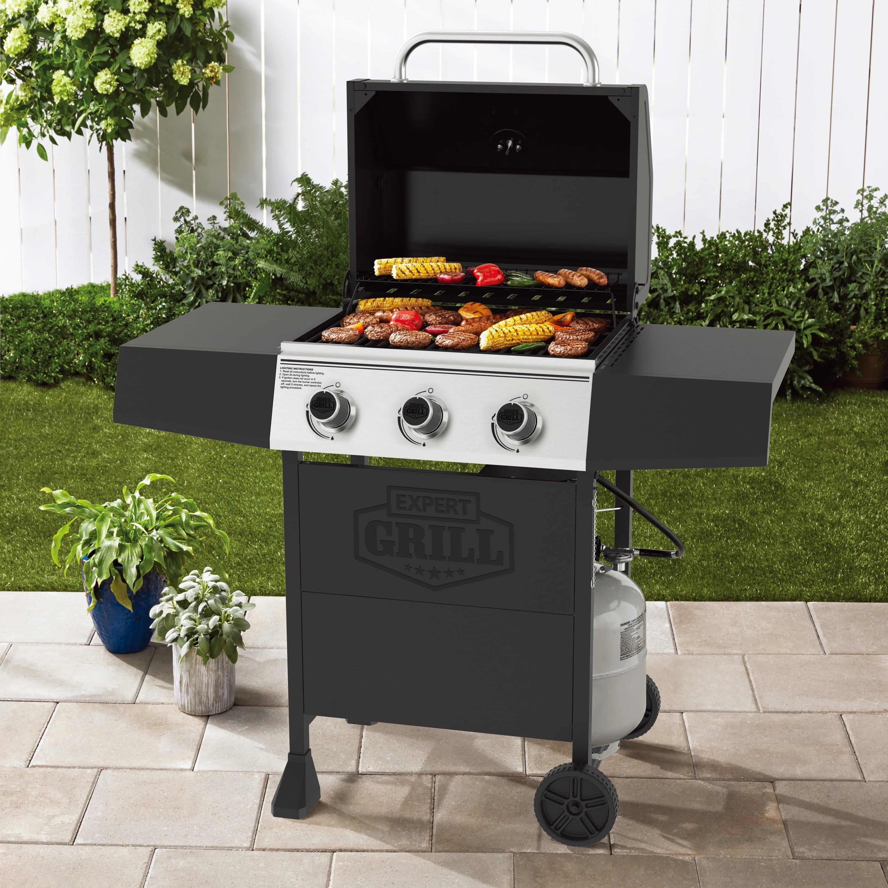 Expert Grill, 3-Burner Propane Gas Grill with Side Table and Wheels, Black Expert Grill