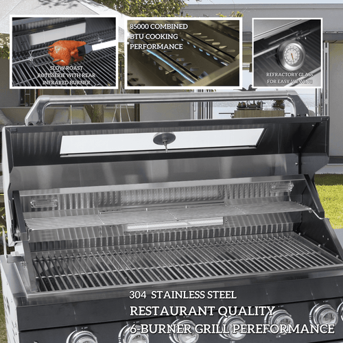 110-Inch 4-Burner 72000 BTU Deluxe Stainless Steel Propane Gas Outdoor Kitchen Bar Barbecue Island Grill Wine Cooler Compact+Refrigerator+Rotisserie+Granite Countertops+Storage Cabinets & Drawers HomeMindful