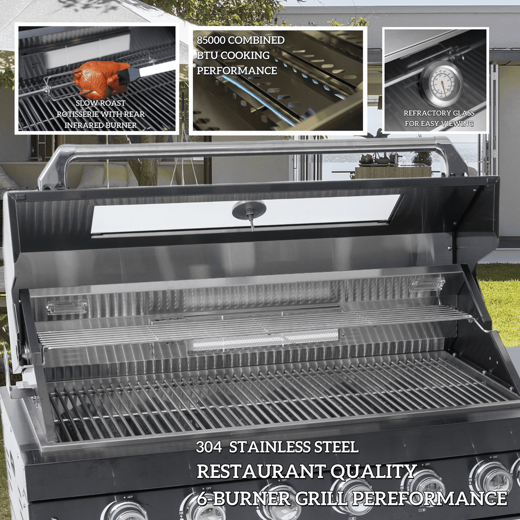 110-Inch 4-Burner 72,000 BTU Stainless Steel Outdoor Kitchen Island Grill with Wine Cooler Refrigerator, Rotisserie Kit, Granite Countertops, Storage Cabinets & Drawers Chery Industrial