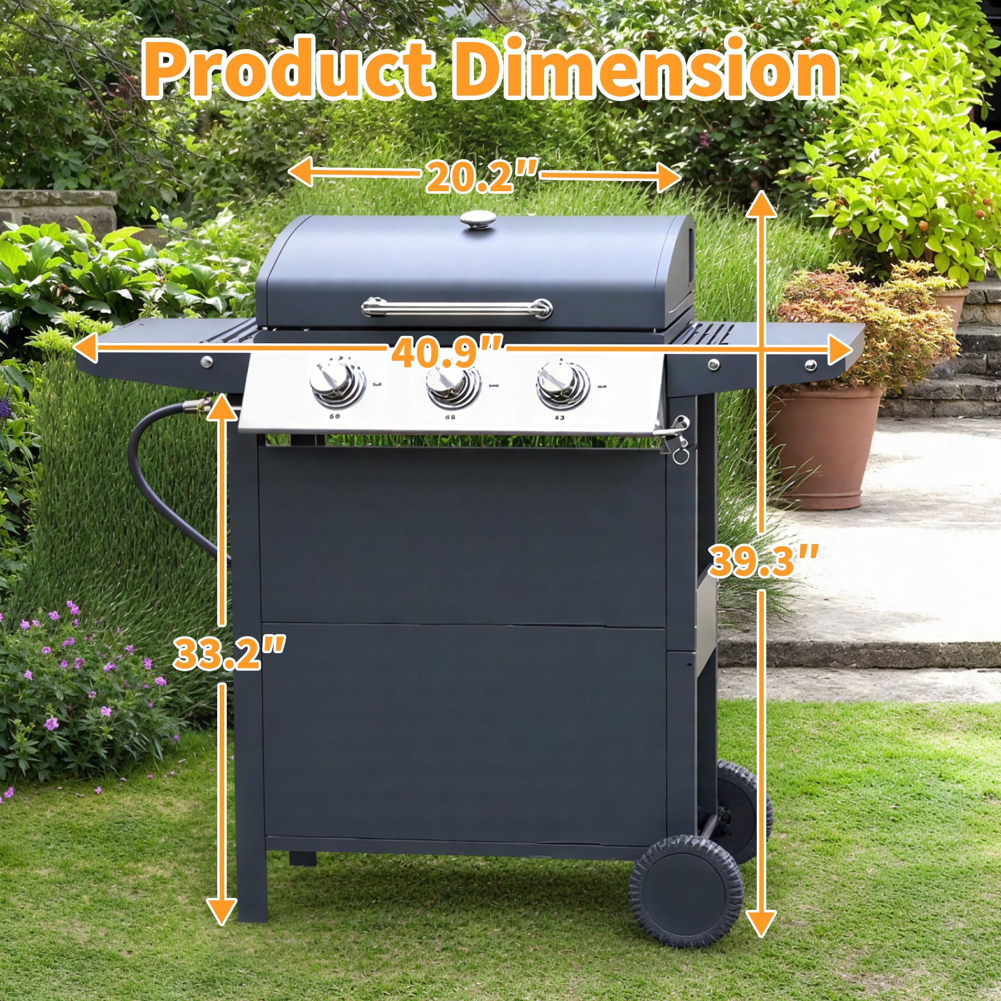 Highsound 3-Burner Propane Gas Grill, 25,650 BTU Stainless Steel BBQ Grill with Side Tables, Outdoor Portable Grill for Backyard & Camping, Black Gas Grills