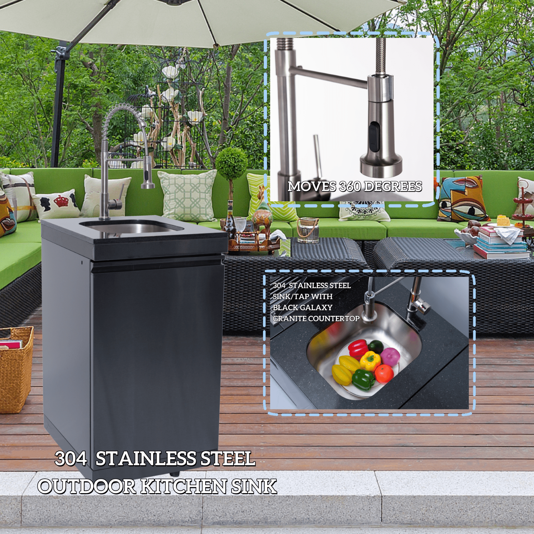 AirWire 104 Deluxe Outdoor Kitchen Island: 4-Burner 85,000 BTU 304 Stainless Steel Gas Grill with Sink, Wine Cooler Refrigerator, Granite Countertop & Rotisserie Kit HomeMindful