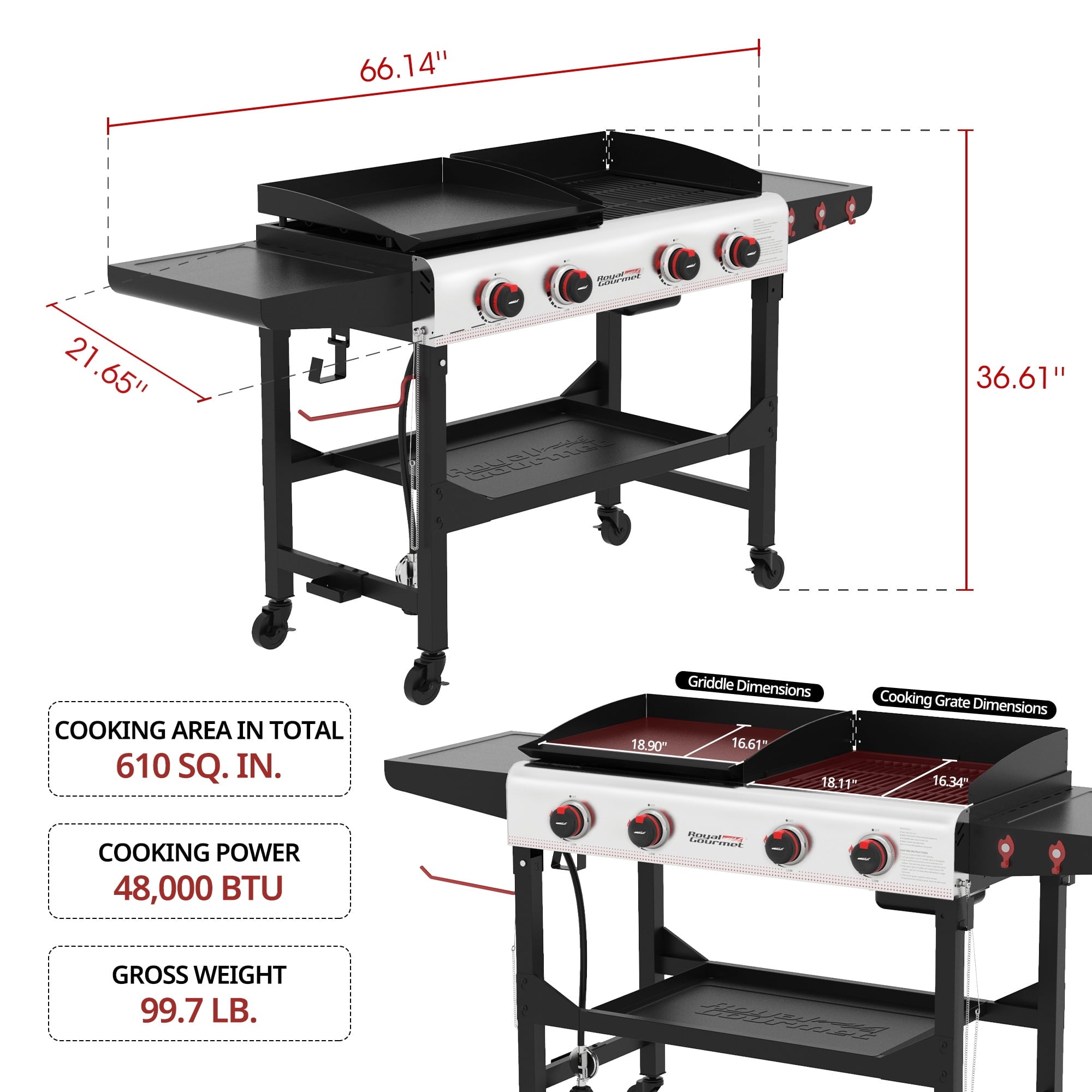 Royal Gourmet GD403 4-Burner Portable Flat Top Gas Grill and Griddle Combo Grill with Folding Legs Royal Gourmet