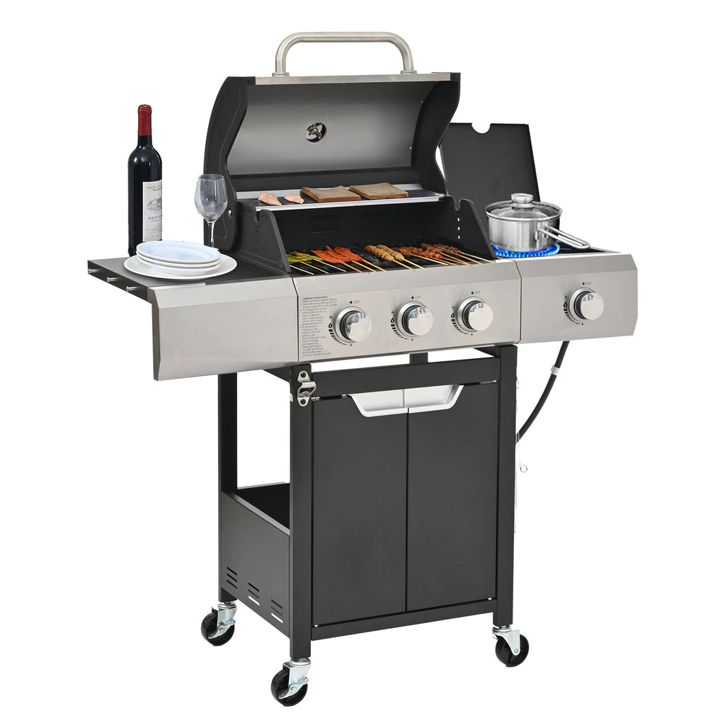 Outdoor Grill, Propane Grill 3 Burner Barbecue Grill Stainless Steel Gas Grill with Side Burner and Cover for Outdoor BBQ, Camping, Silver BBQ Grill,Stainless Steel Tabletop Grill Gas Grills