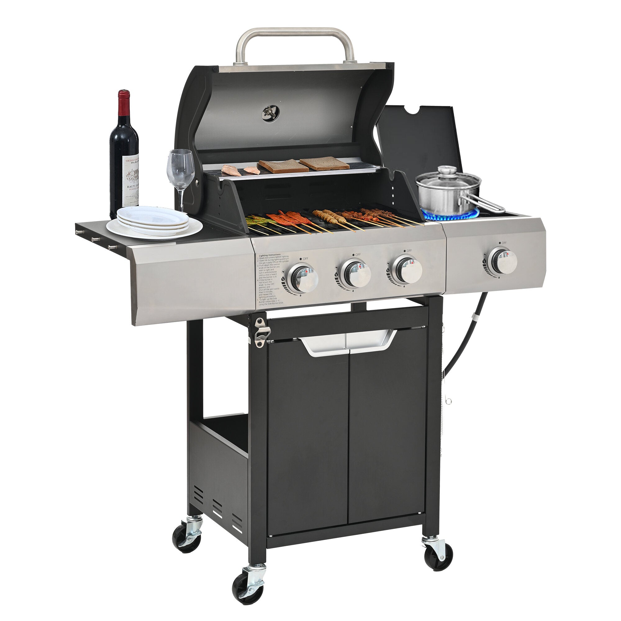 Outdoor Grill, Propane Grill 3 Burner Barbecue Grill Stainless Steel Gas Grill with Side Burner and Cover for Outdoor BBQ, Camping, Silver BBQ Grill,Stainless Steel Tabletop Grill Gas Grills