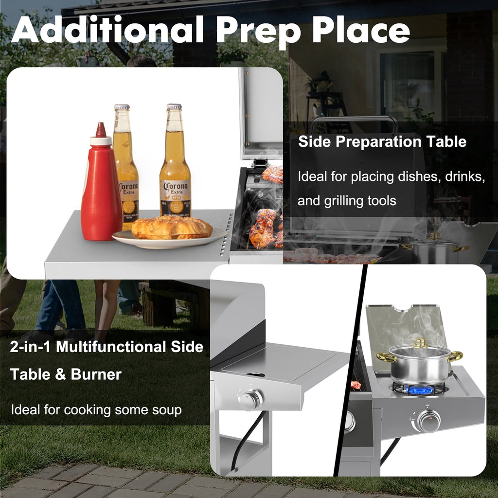 Costway 5-Burner Silver Propane Gas Grill with Side Burner, Thermometer and Prep Table Costway