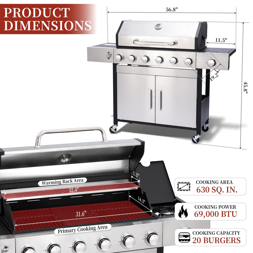 CIG GARDEN 6-Burner Propane Gas Grill with Side Burner,73000 BTU Output Double-Layer Stainless Steel BBQ Grill Lid with Cast Iron Grates CIG GARDEN
