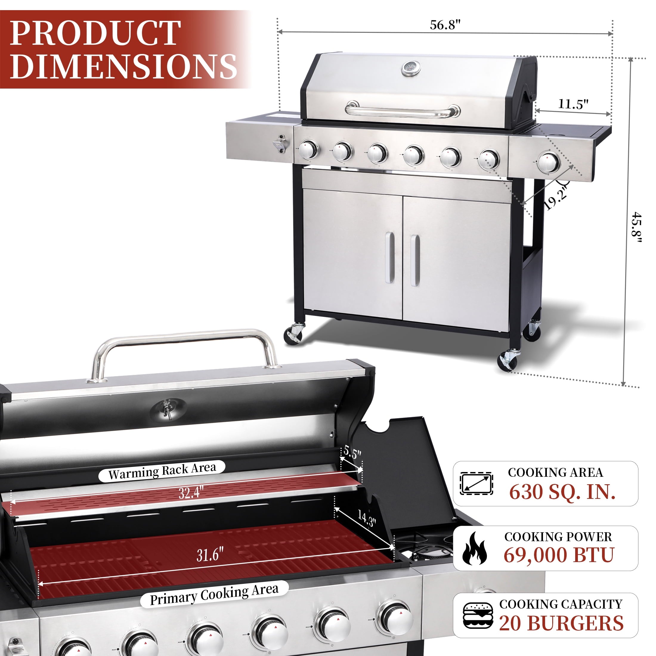 CIG GARDEN 6-Burner Propane Gas Grill with Side Burner,73000 BTU Output Double-Layer Stainless Steel BBQ Grill Lid with Cast Iron Grates CIG GARDEN